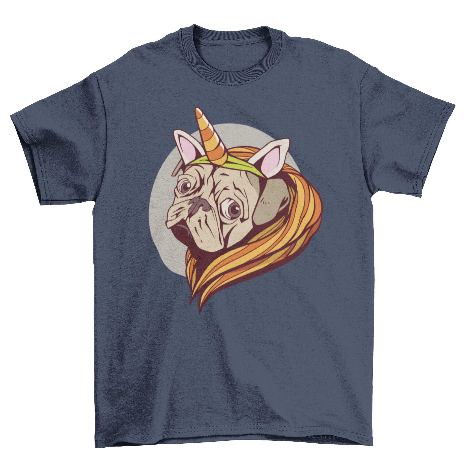 A whimsical t-shirt featuring a pug with a unicorn horn illustration, perfect for dog lovers.