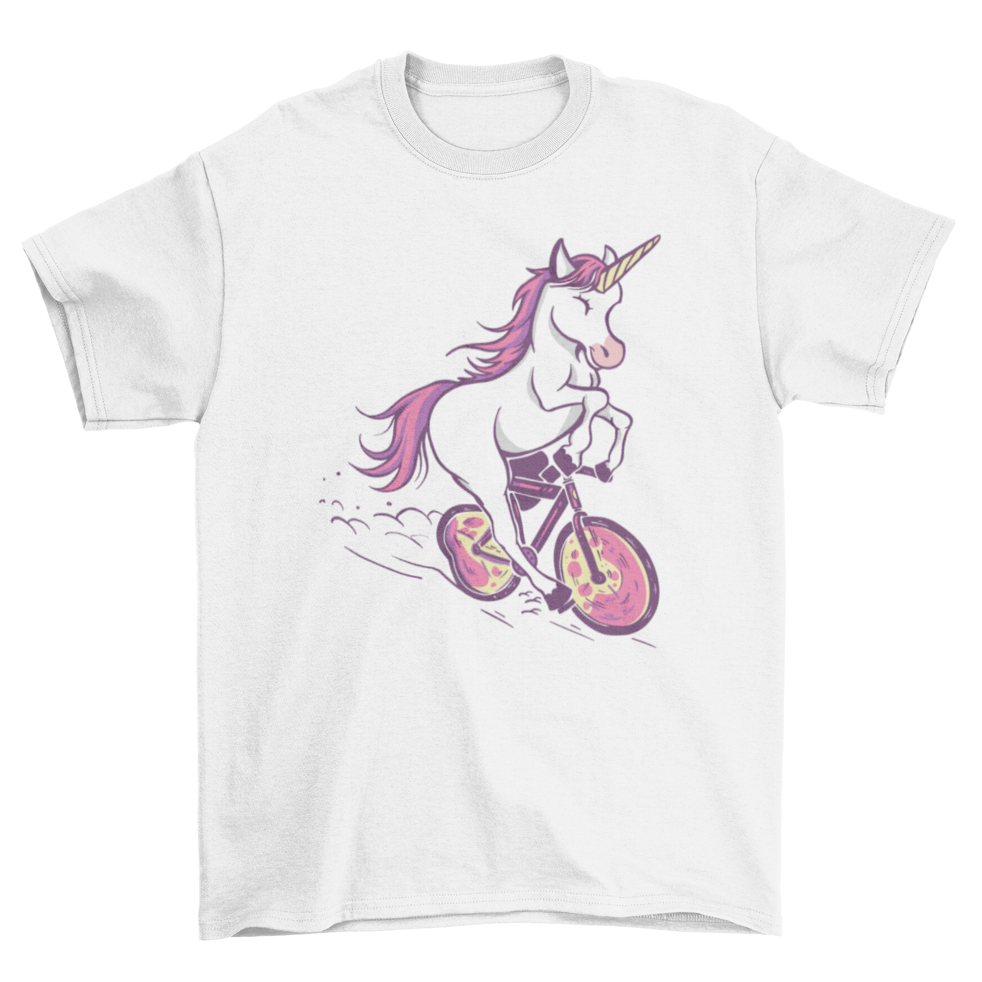 A colorful t-shirt featuring a whimsical unicorn riding a bicycle, perfect for casual wear.