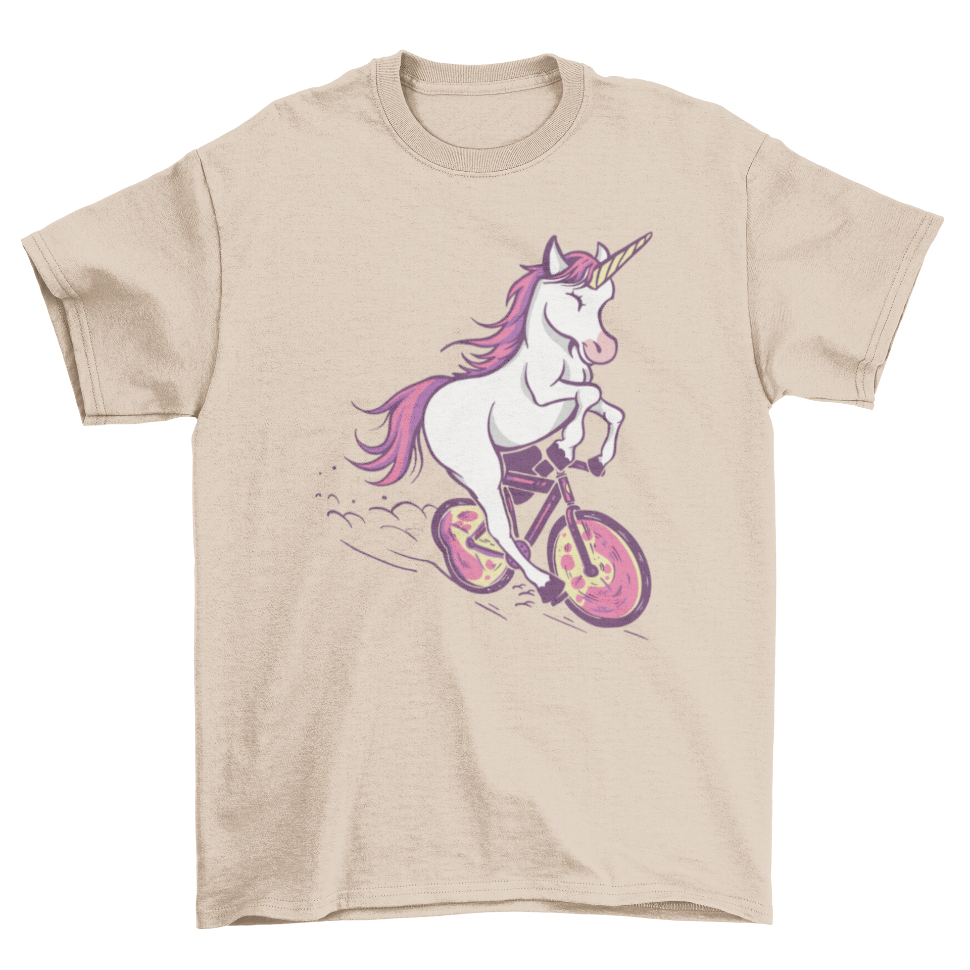 A colorful t-shirt featuring a whimsical unicorn riding a bicycle, perfect for casual wear.