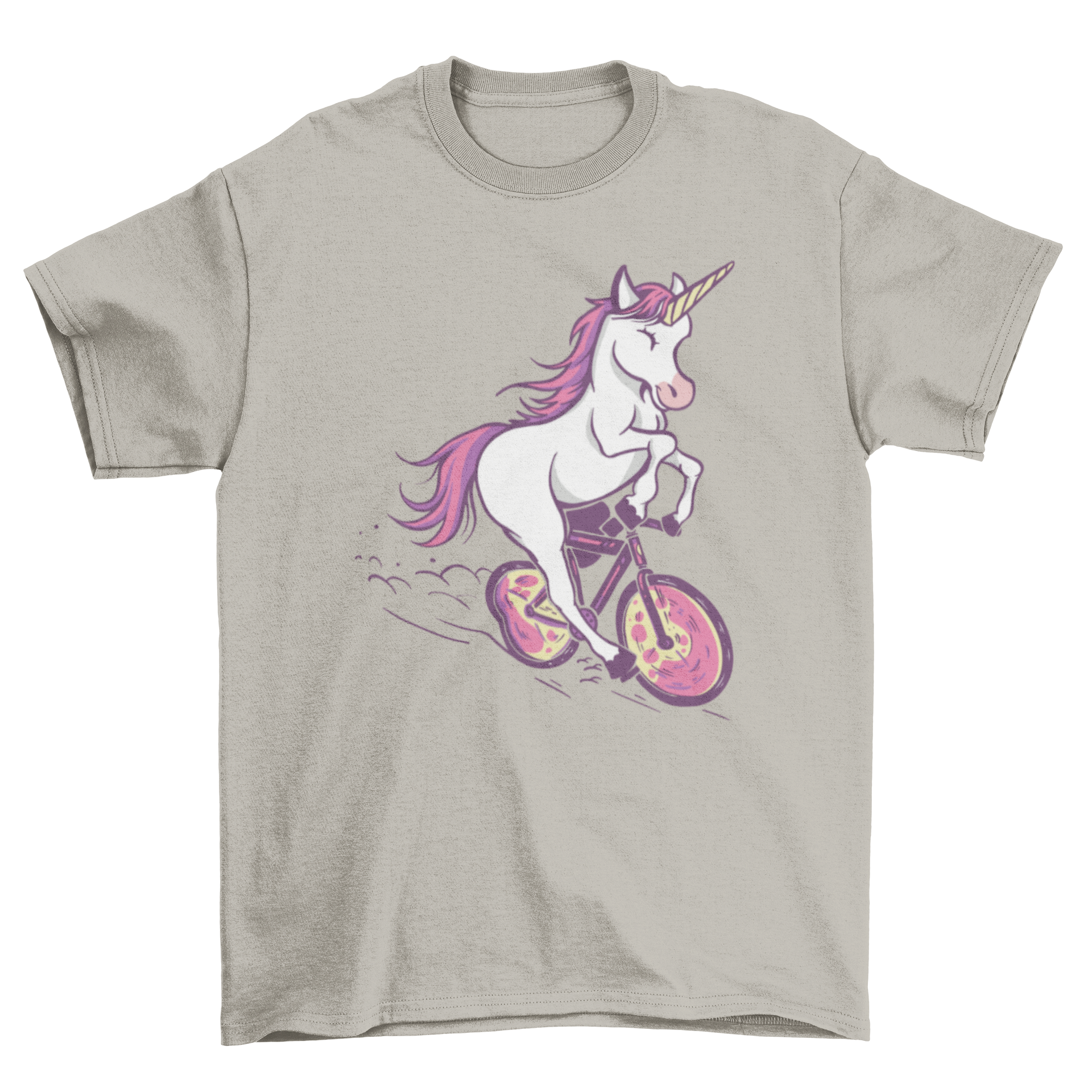 A colorful t-shirt featuring a whimsical unicorn riding a bicycle, perfect for casual wear.