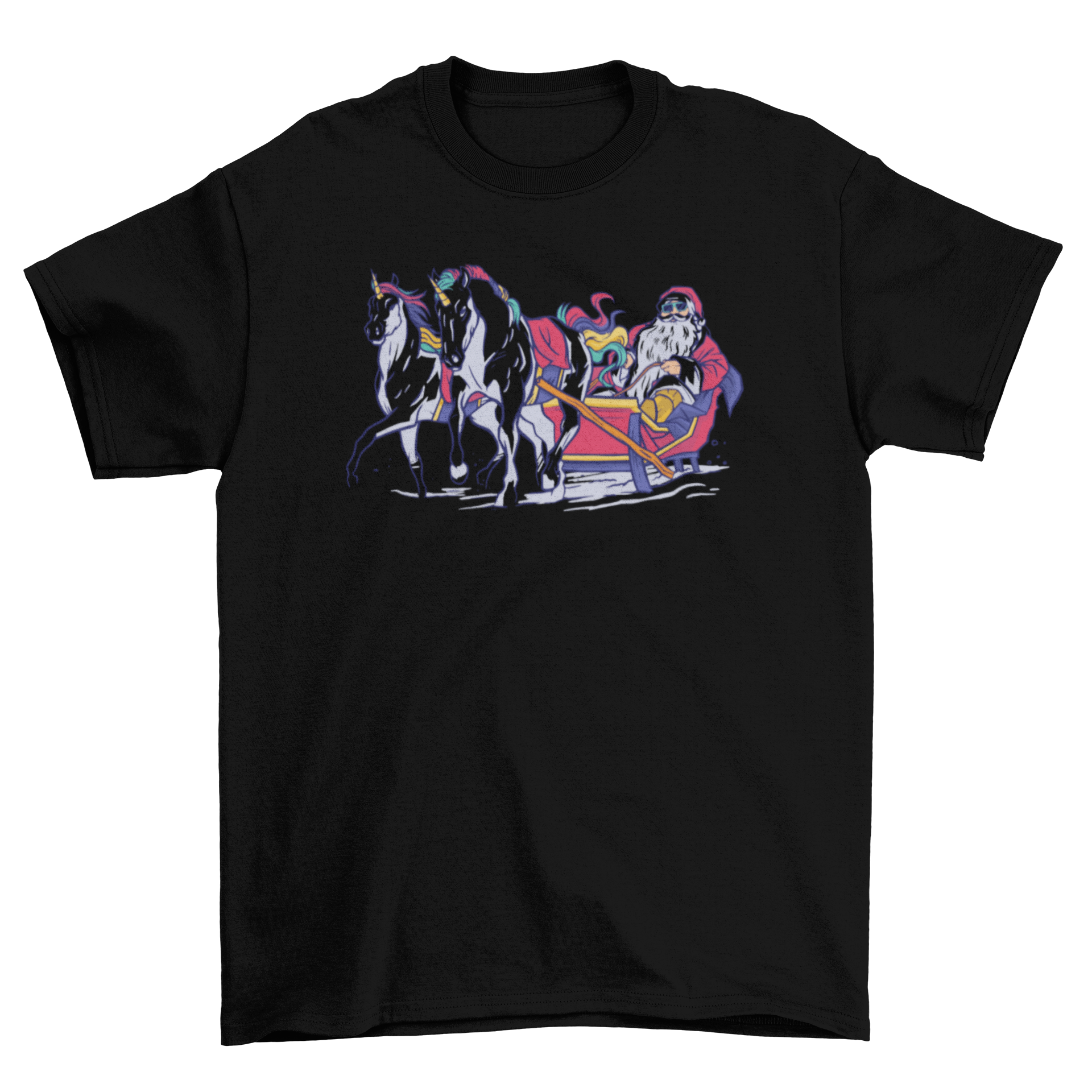 A whimsical t-shirt featuring Santa Claus in a sled pulled by colorful unicorns, perfect for holiday celebrations.