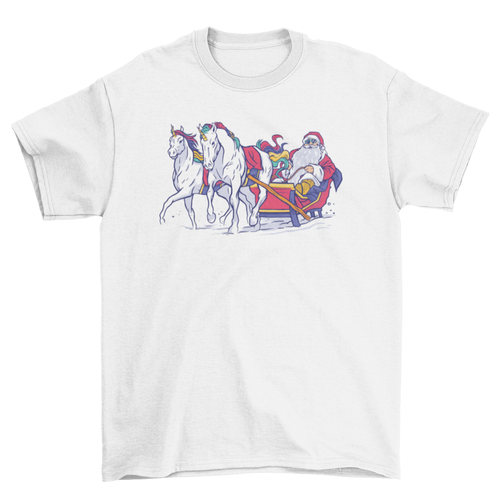 A whimsical t-shirt featuring Santa Claus in a sled pulled by colorful unicorns, perfect for holiday celebrations.