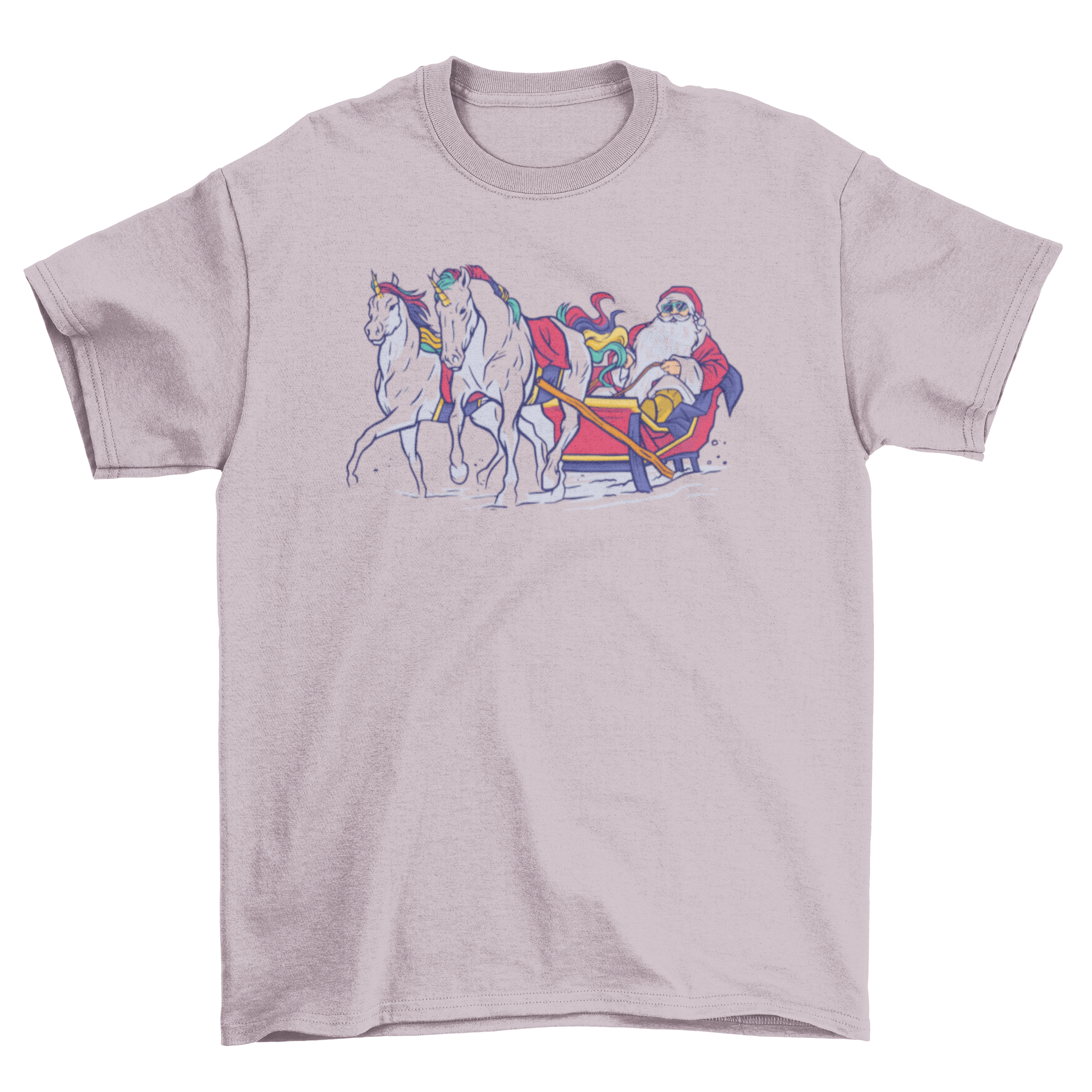 A whimsical t-shirt featuring Santa Claus in a sled pulled by colorful unicorns, perfect for holiday celebrations.