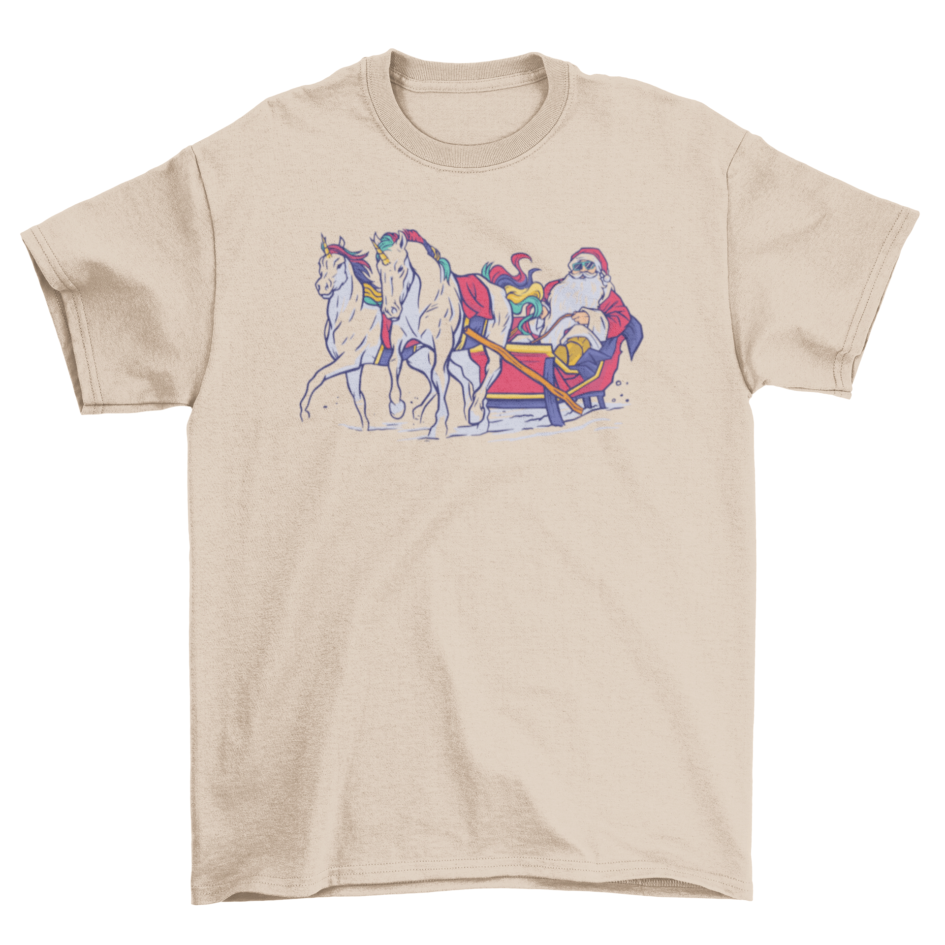 A whimsical t-shirt featuring Santa Claus in a sled pulled by colorful unicorns, perfect for holiday celebrations.