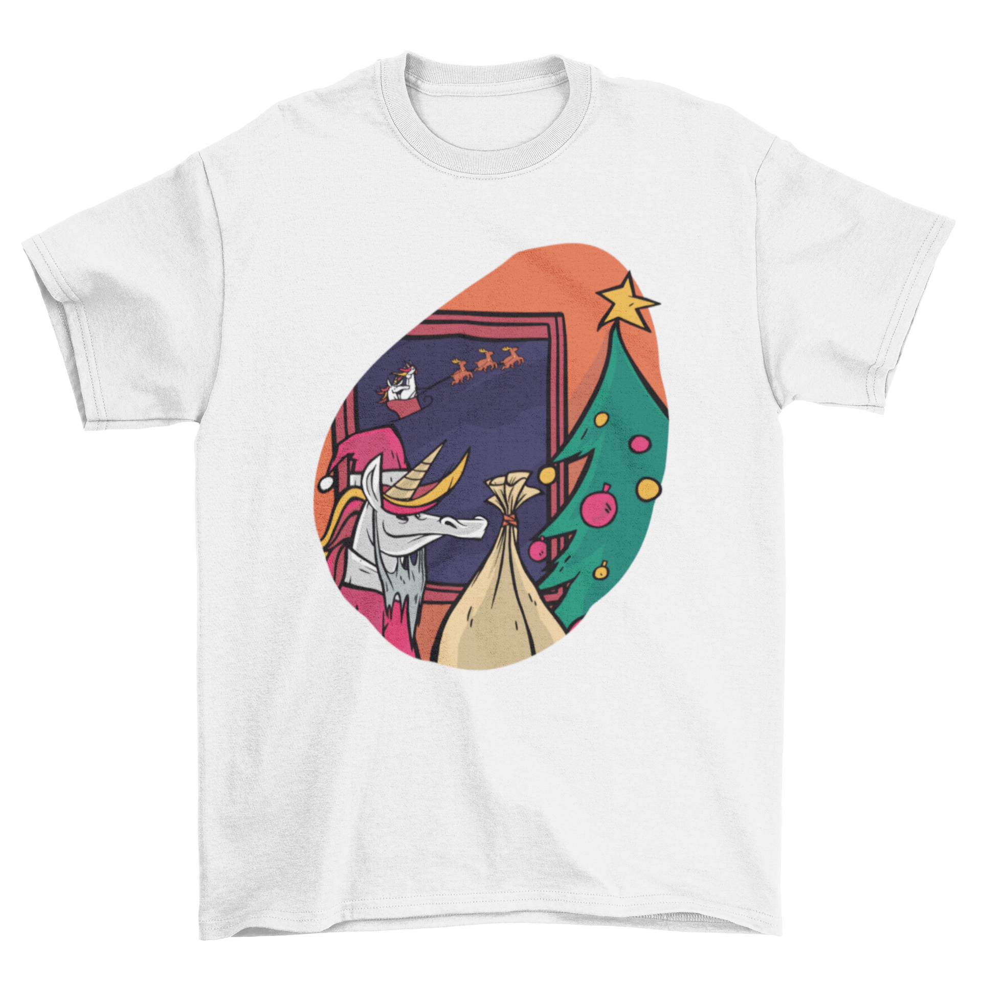 A colorful Christmas t-shirt featuring a Santa unicorn with a bag of presents and a Christmas tree.