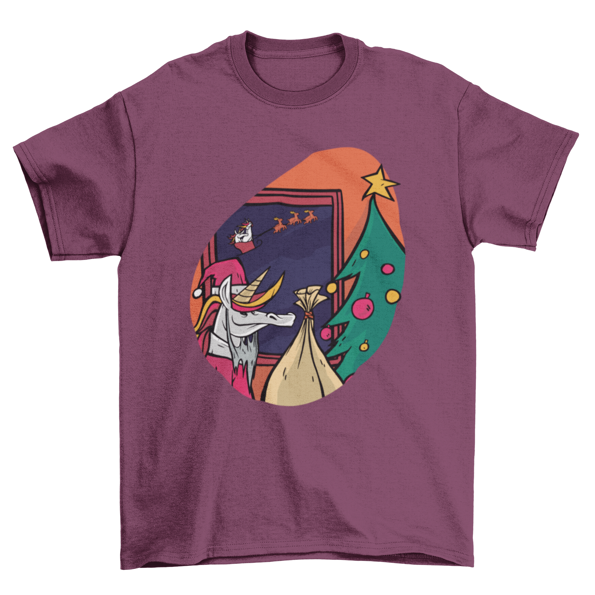 A colorful Christmas t-shirt featuring a Santa unicorn with a bag of presents and a Christmas tree.