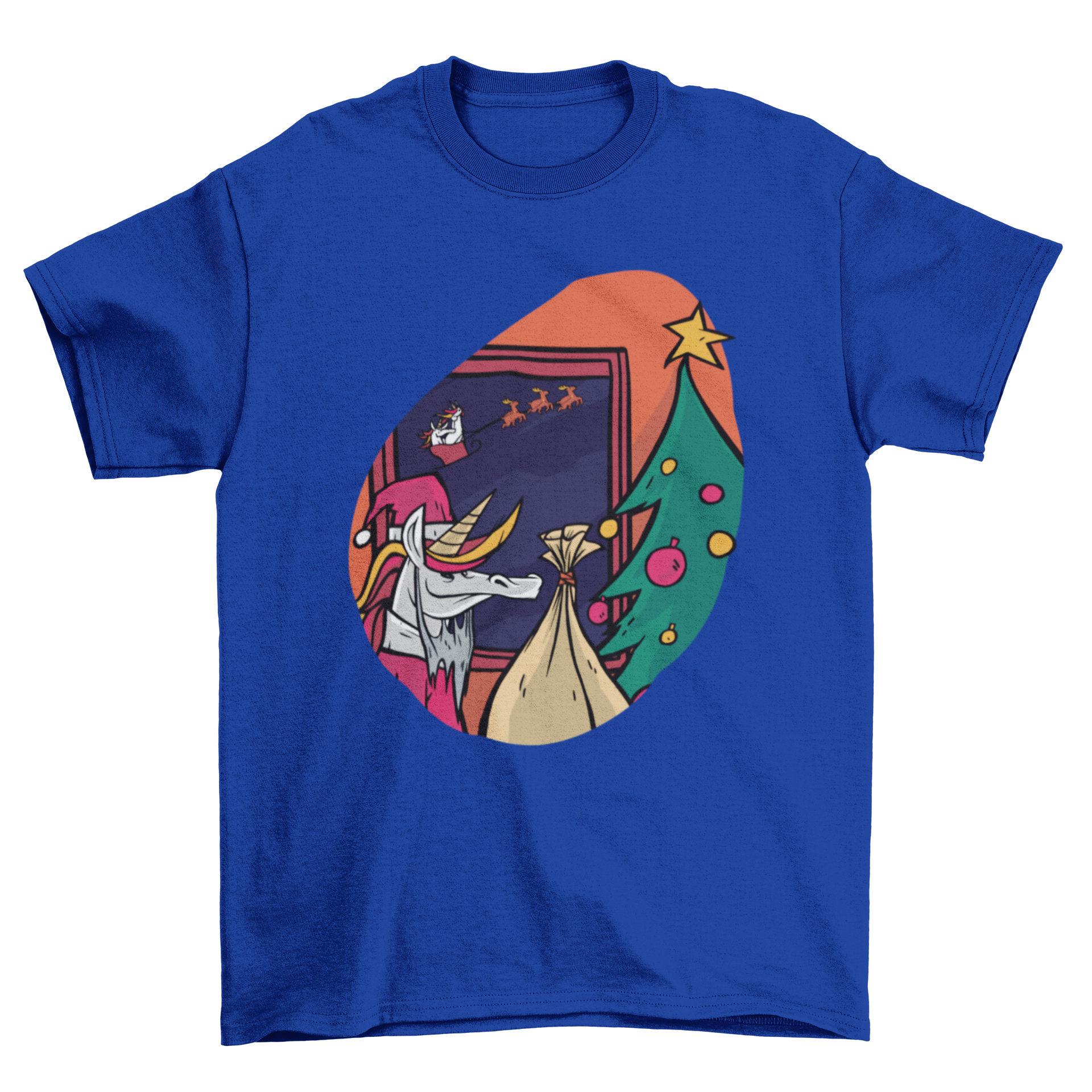 A colorful Christmas t-shirt featuring a Santa unicorn with a bag of presents and a Christmas tree.