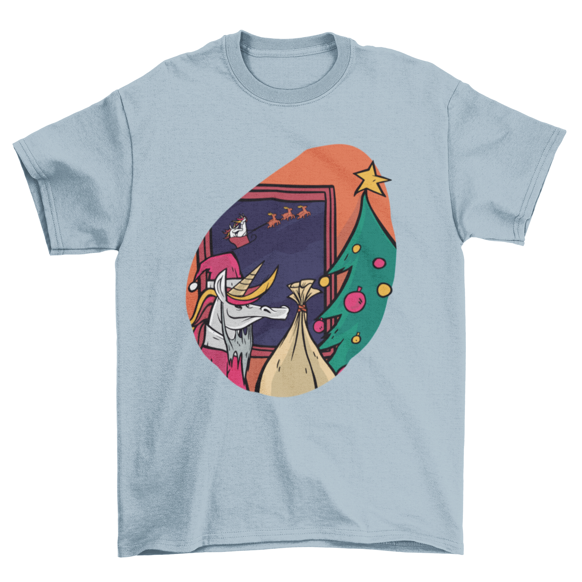 A colorful Christmas t-shirt featuring a Santa unicorn with a bag of presents and a Christmas tree.