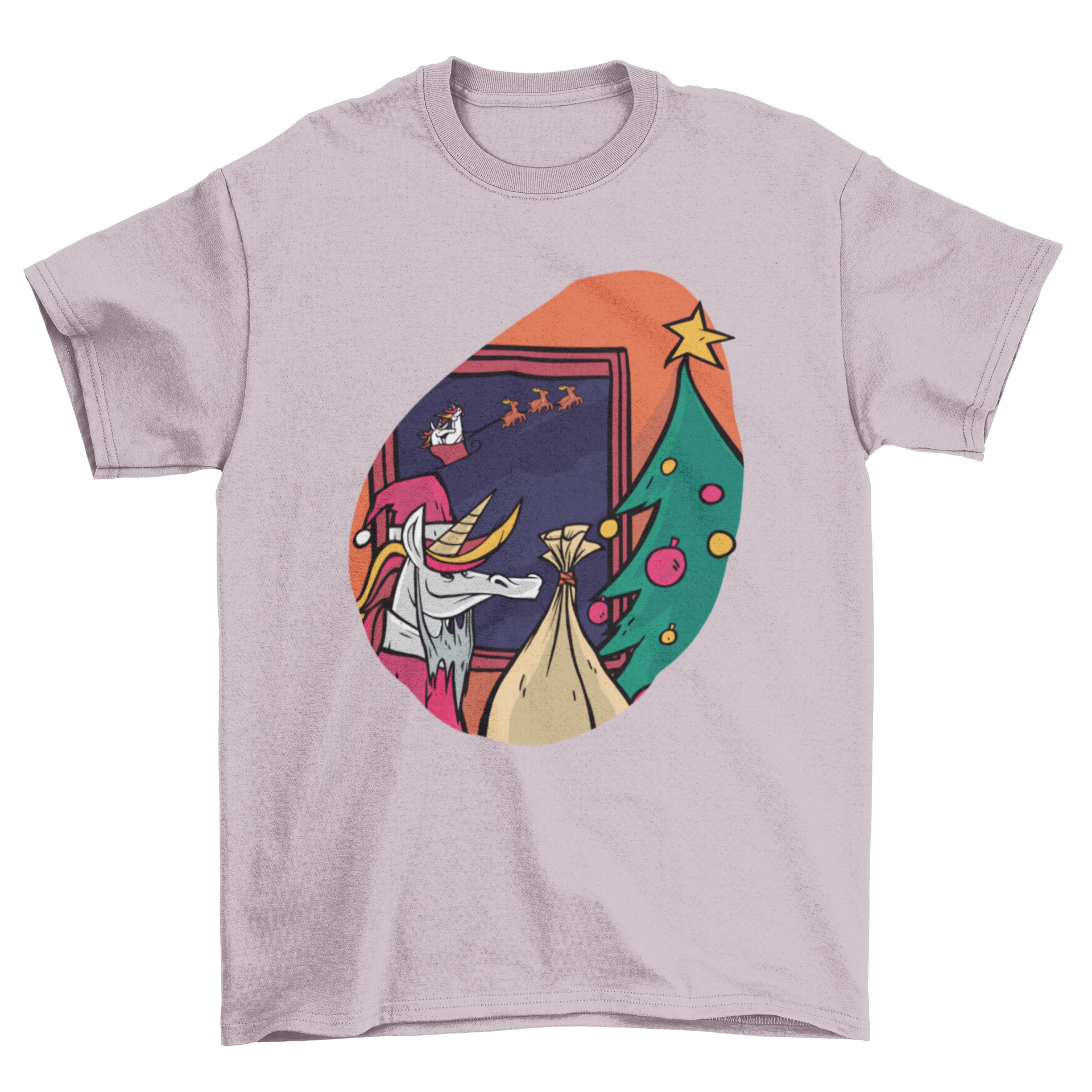 A colorful Christmas t-shirt featuring a Santa unicorn with a bag of presents and a Christmas tree.