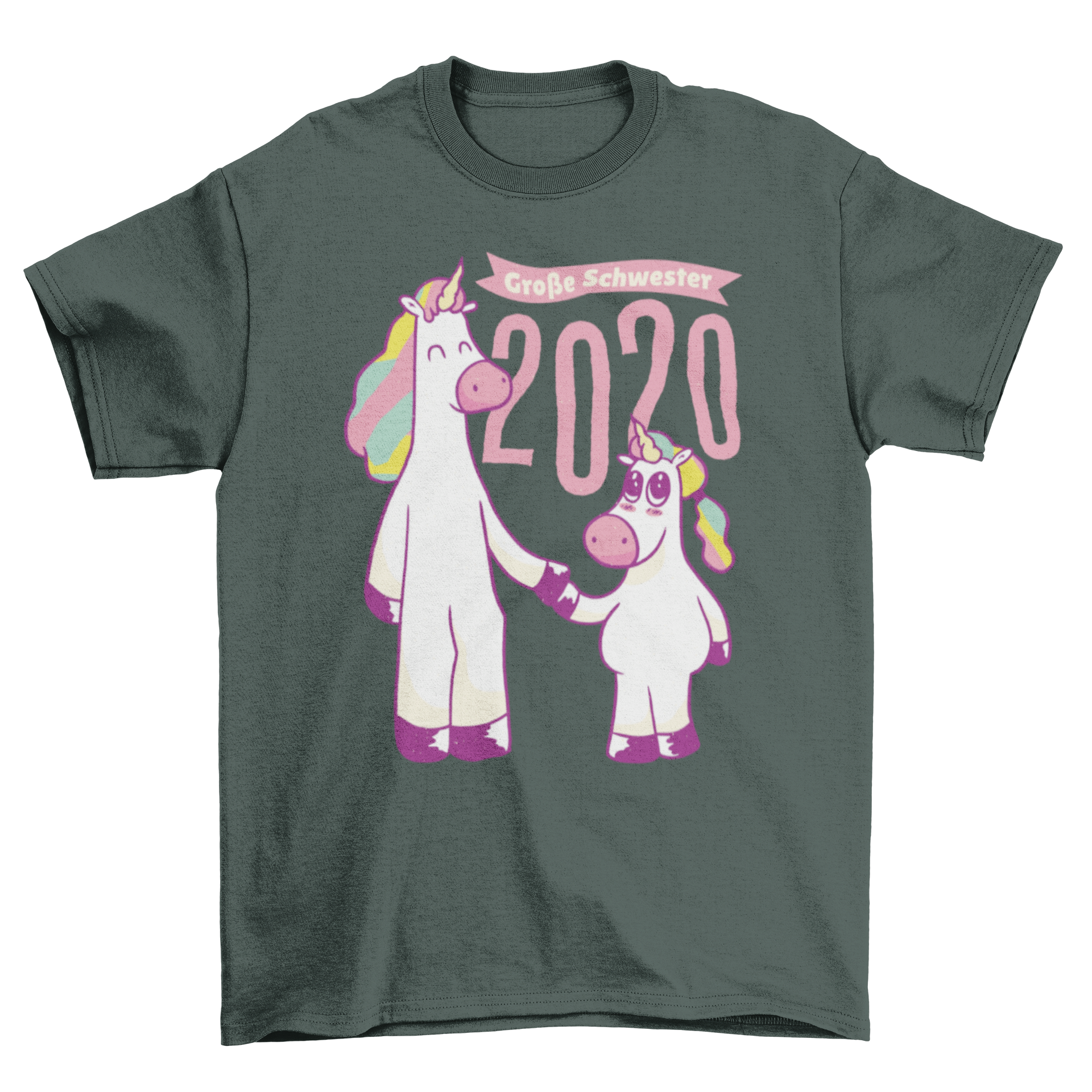 Unicorn Sisters 2020 T-shirt featuring two colorful unicorns and the quote 'Große Schwester' in German.