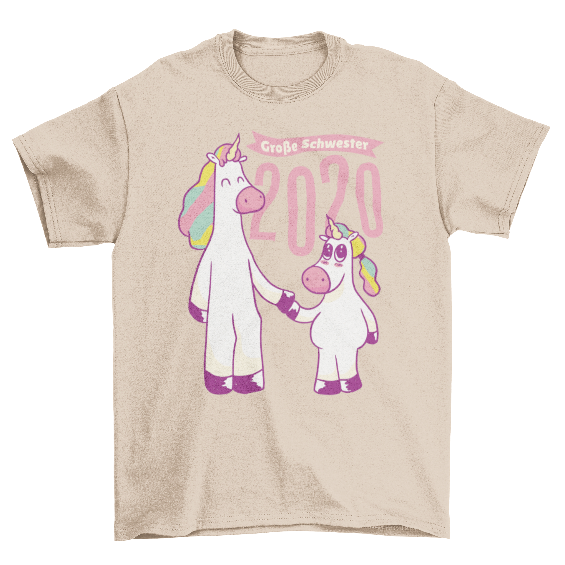 Unicorn Sisters 2020 T-shirt featuring two colorful unicorns and the quote 'Große Schwester' in German.