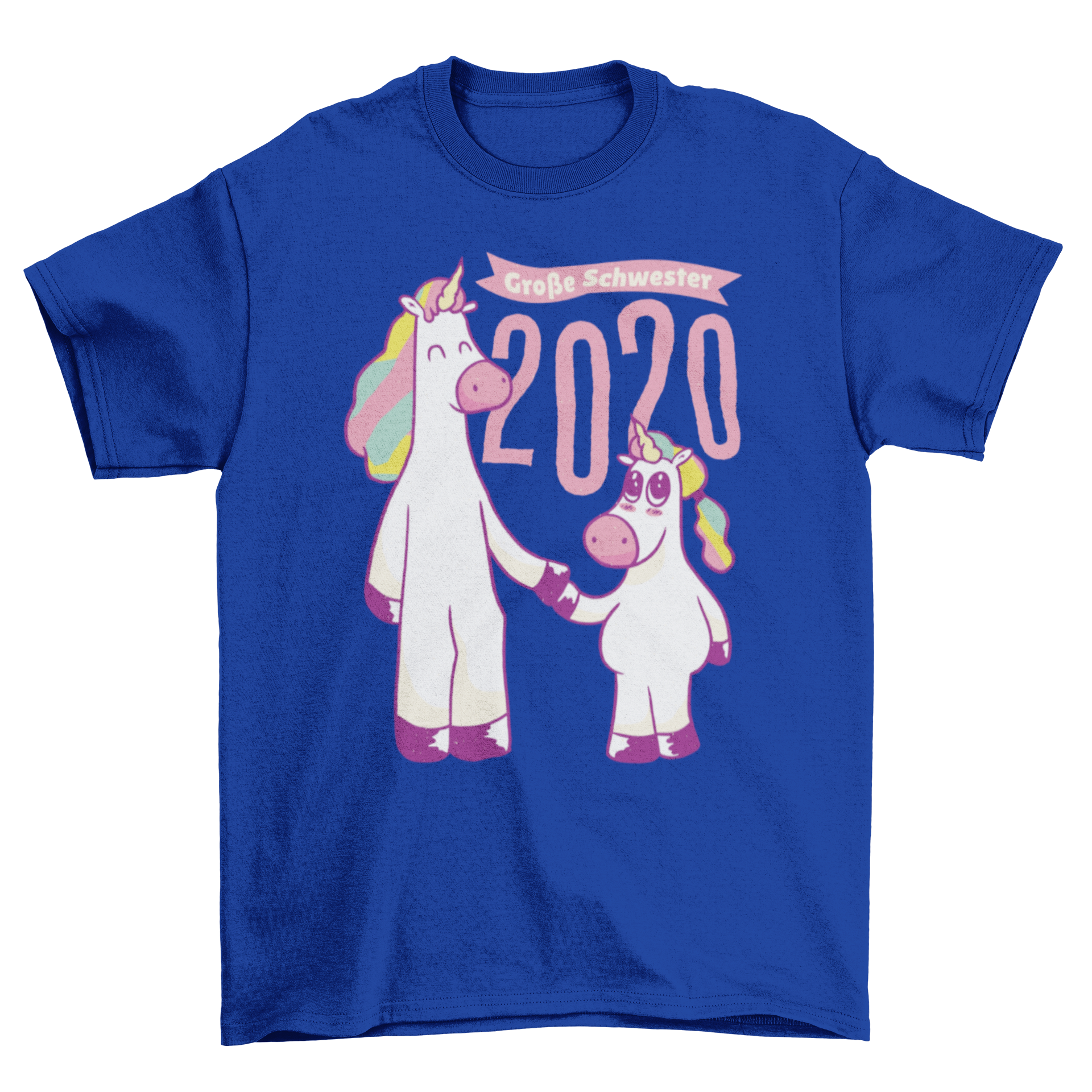 Unicorn Sisters 2020 T-shirt featuring two colorful unicorns and the quote 'Große Schwester' in German.