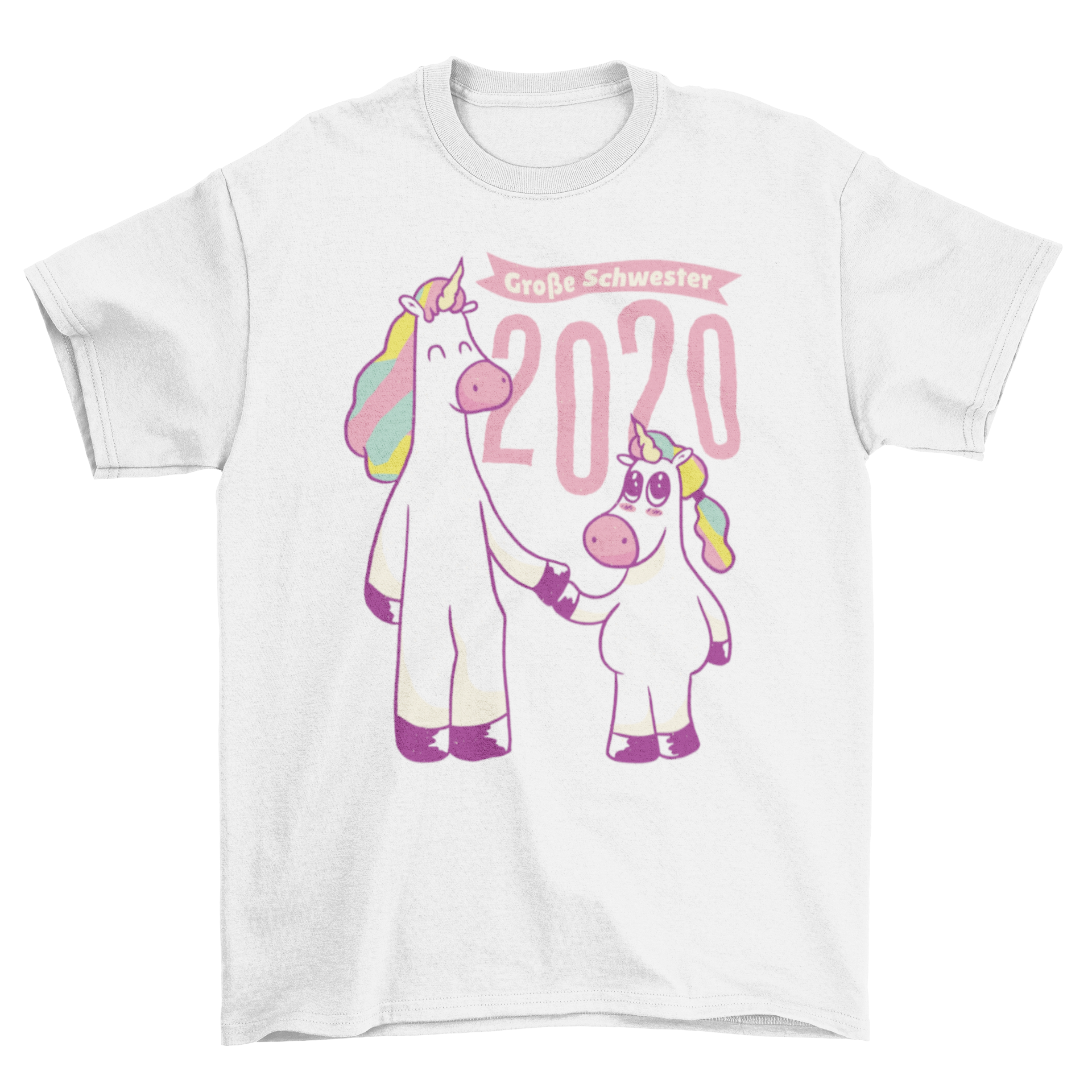 Unicorn Sisters 2020 T-shirt featuring two colorful unicorns and the quote 'Große Schwester' in German.