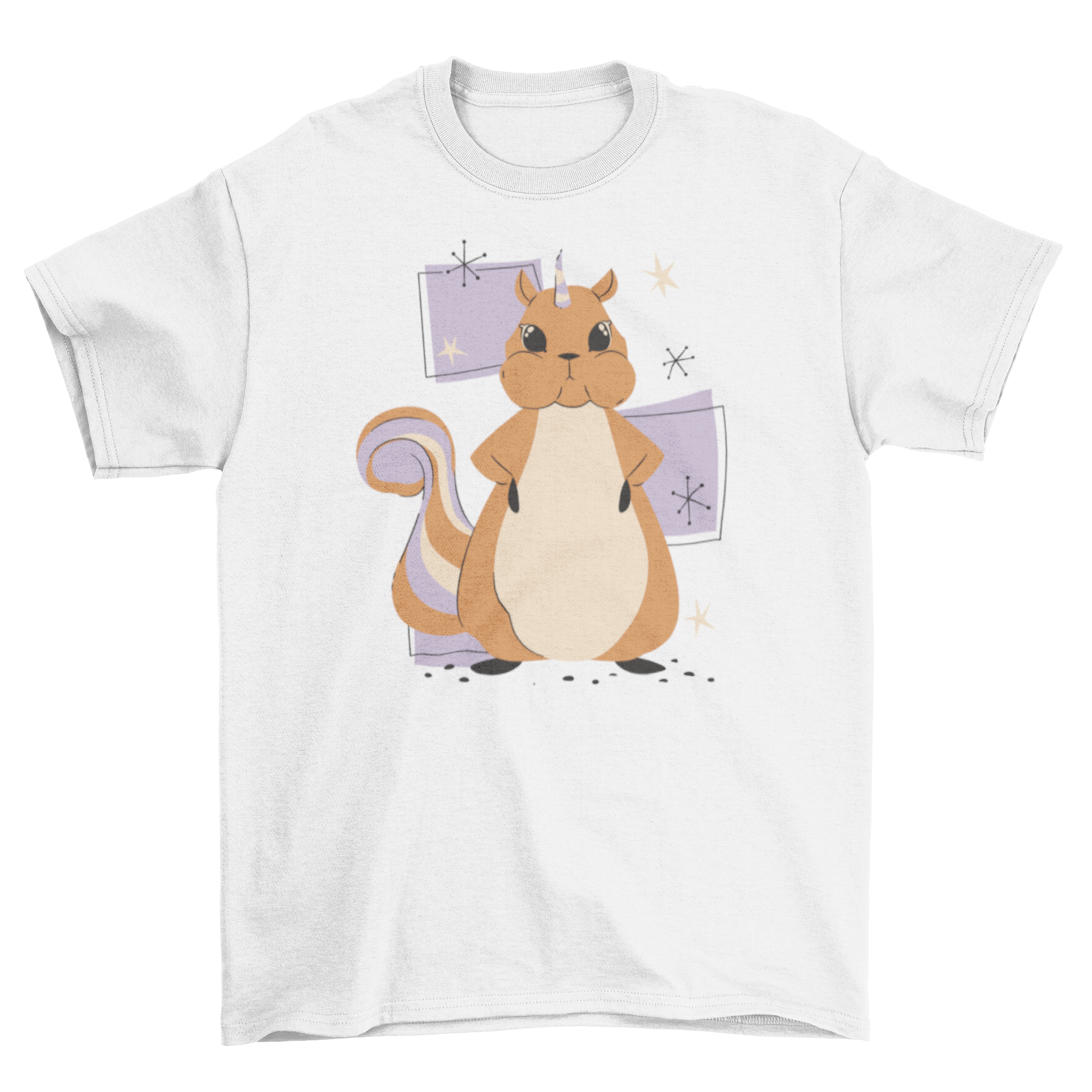 A colorful t-shirt featuring a whimsical design of a squirrel with a unicorn horn, showcasing a playful and imaginative theme.