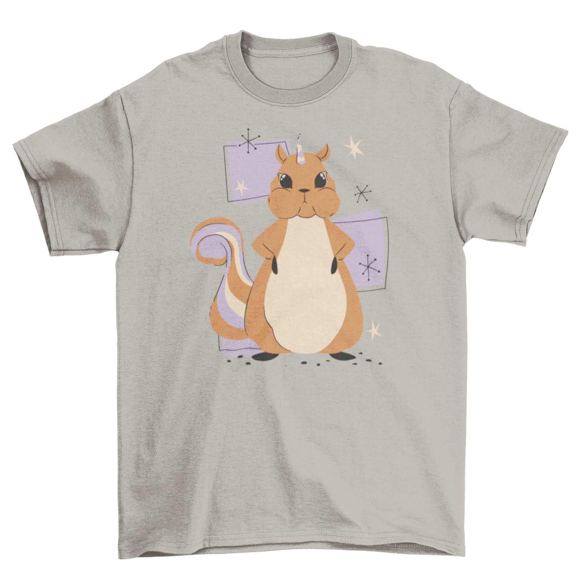 A colorful t-shirt featuring a whimsical design of a squirrel with a unicorn horn, showcasing a playful and imaginative theme.