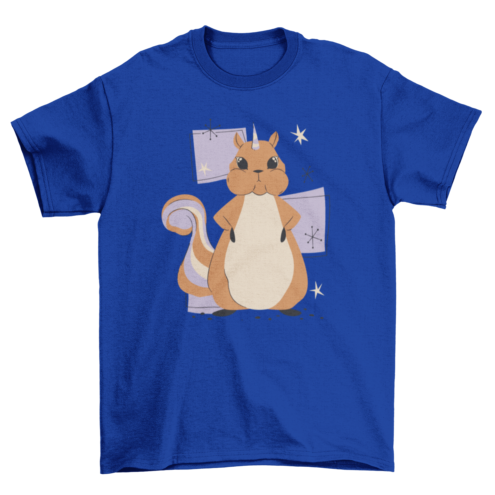 A colorful t-shirt featuring a whimsical design of a squirrel with a unicorn horn, showcasing a playful and imaginative theme.