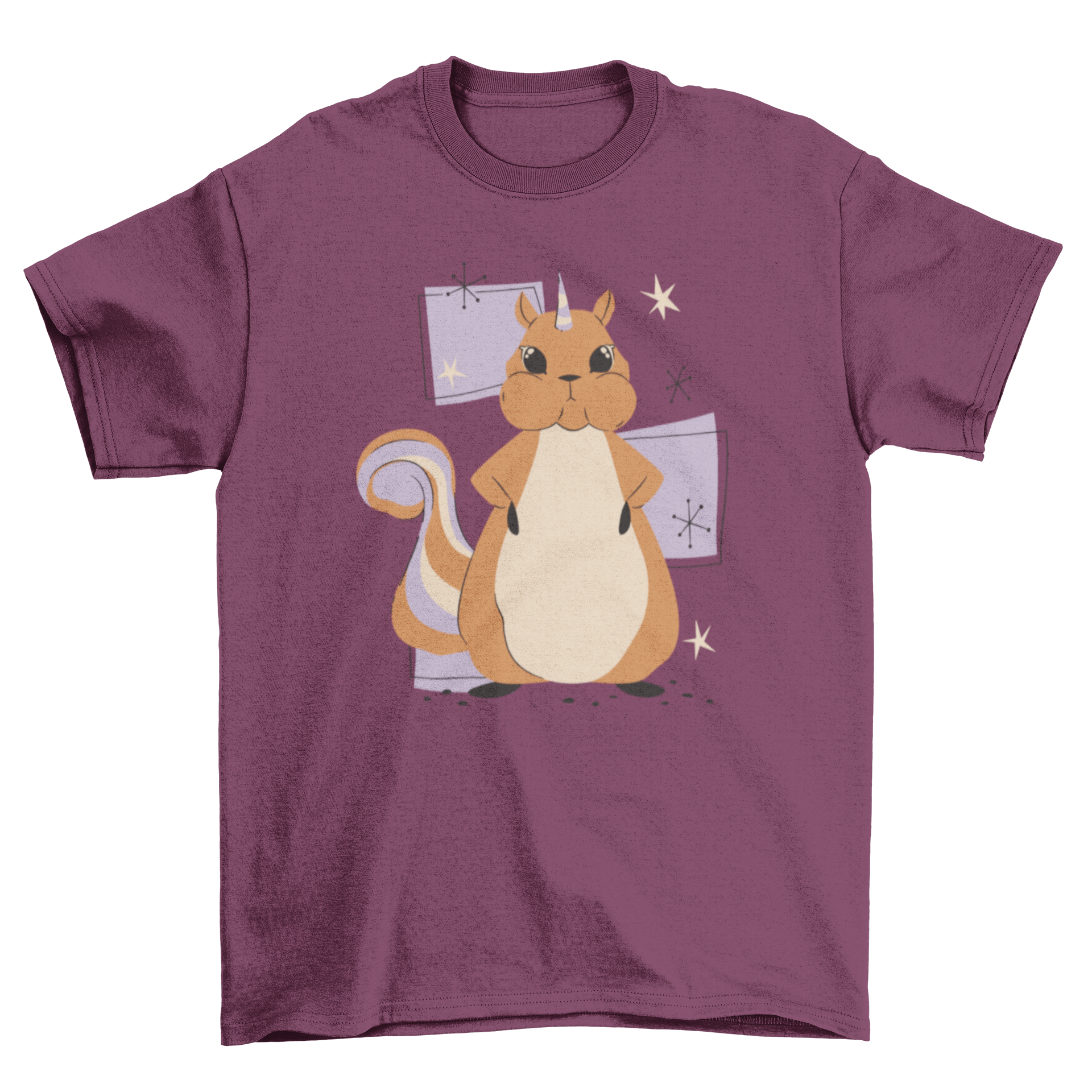 A colorful t-shirt featuring a whimsical design of a squirrel with a unicorn horn, showcasing a playful and imaginative theme.