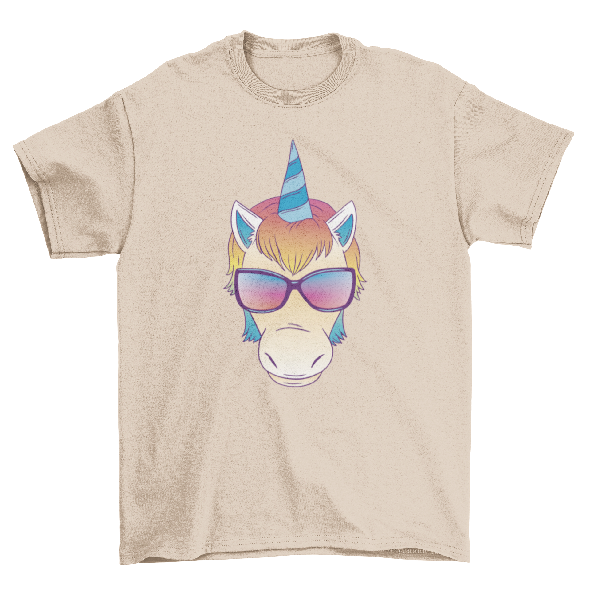 A vibrant t-shirt featuring a cartoon unicorn wearing stylish sunglasses, perfect for unicorn lovers.