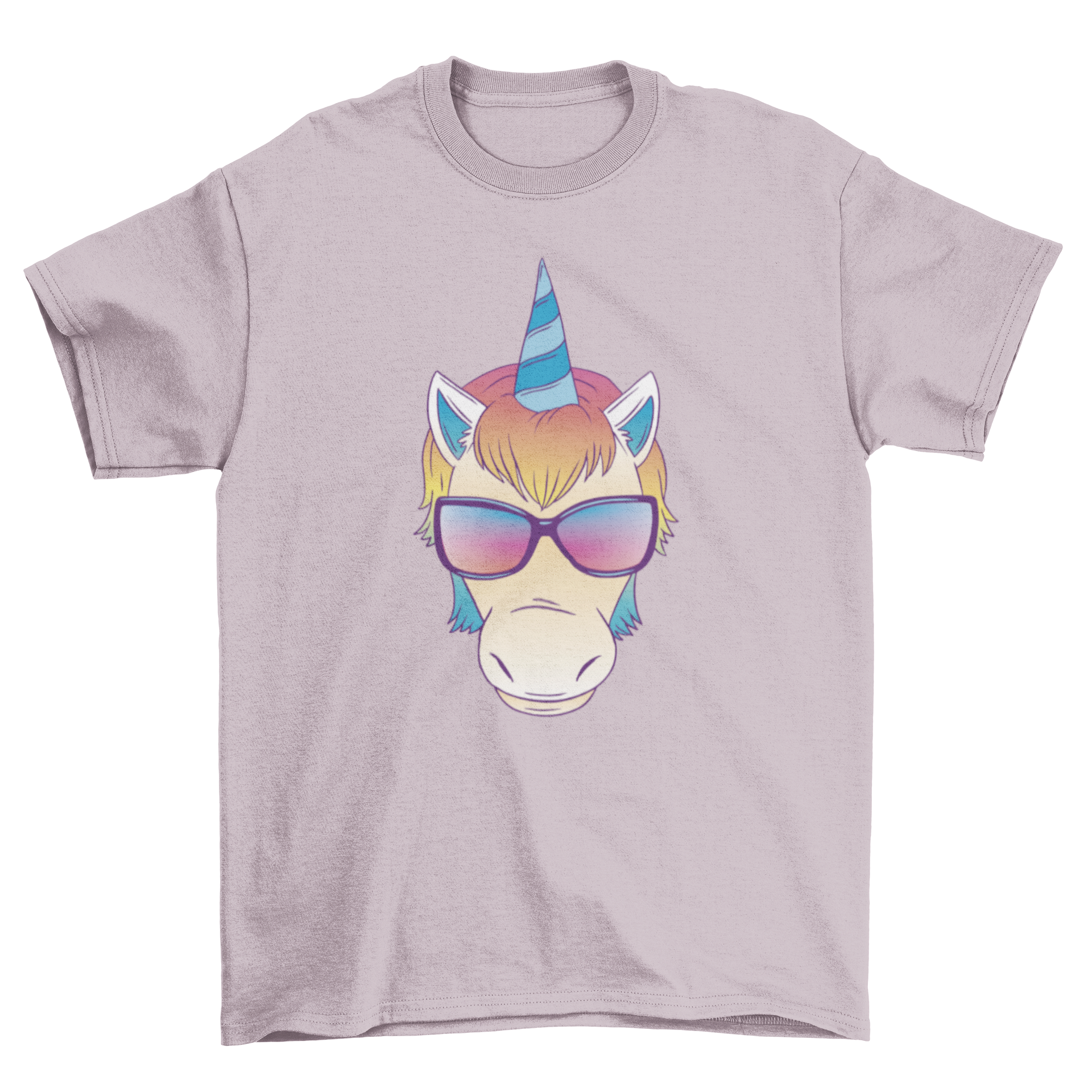 A vibrant t-shirt featuring a cartoon unicorn wearing stylish sunglasses, perfect for unicorn lovers.