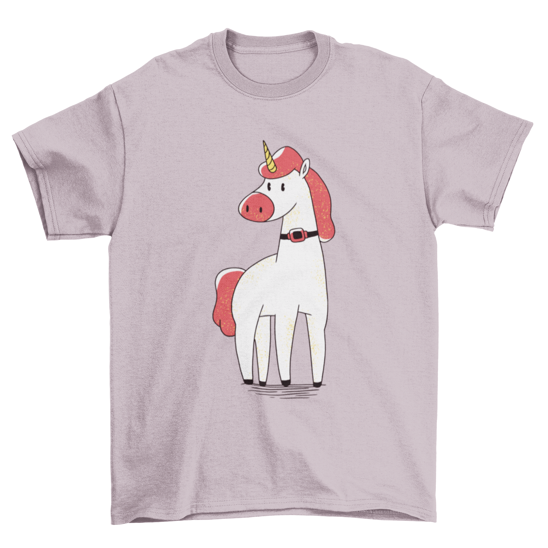 A colorful t-shirt featuring a cute unicorn illustration with a trach tube around its neck, perfect for unicorn lovers.