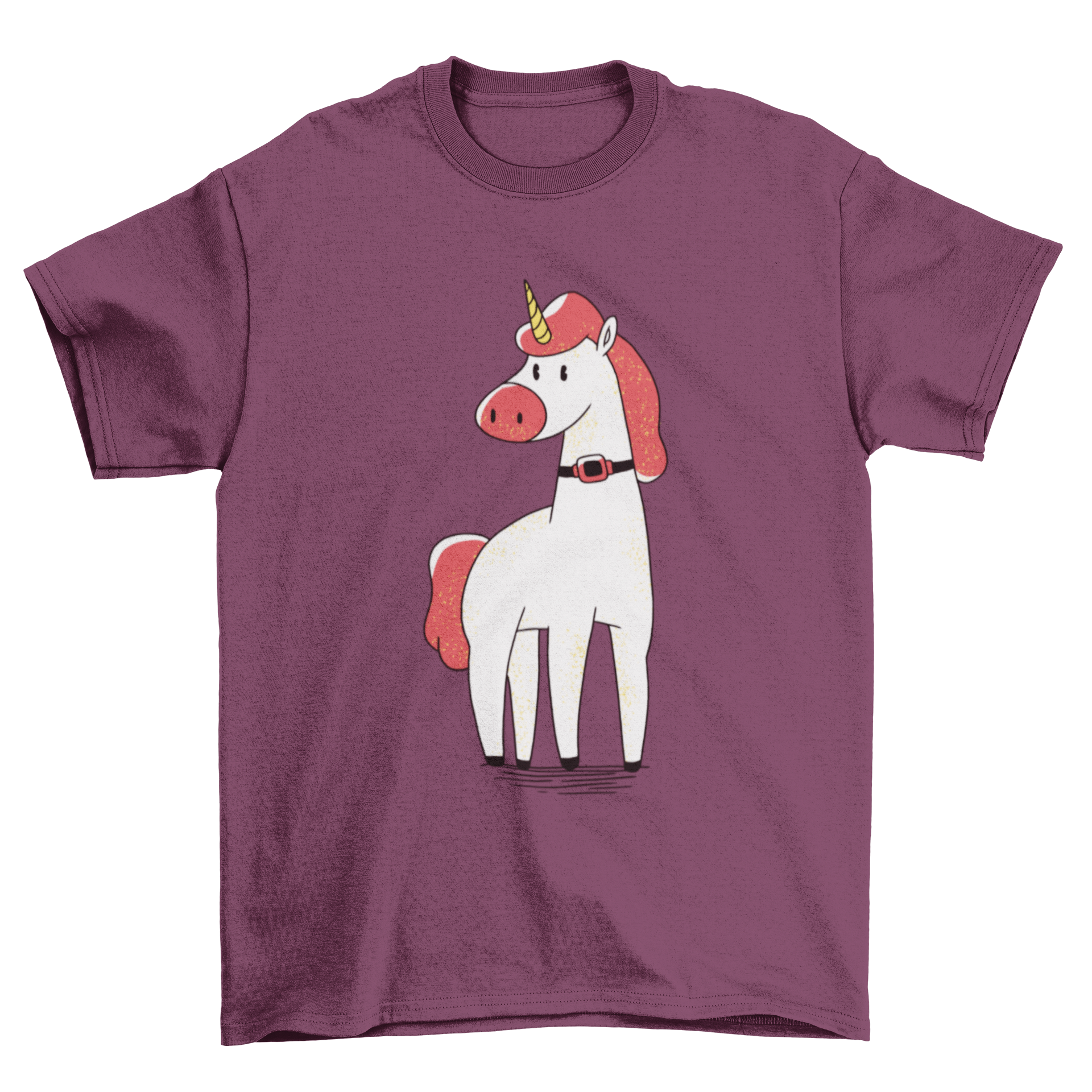 A colorful t-shirt featuring a cute unicorn illustration with a trach tube around its neck, perfect for unicorn lovers.