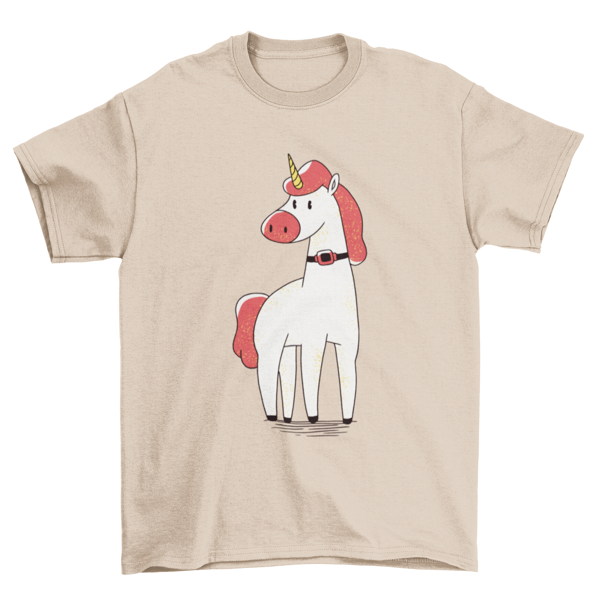 A colorful t-shirt featuring a cute unicorn illustration with a trach tube around its neck, perfect for unicorn lovers.