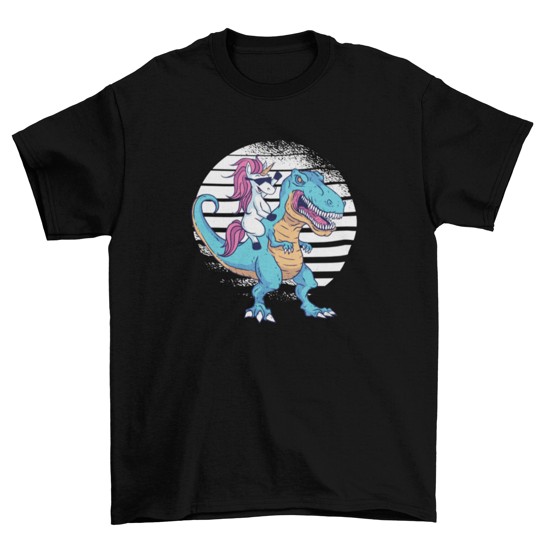 A colorful t-shirt featuring a unicorn riding a T-Rex, showcasing a whimsical design.