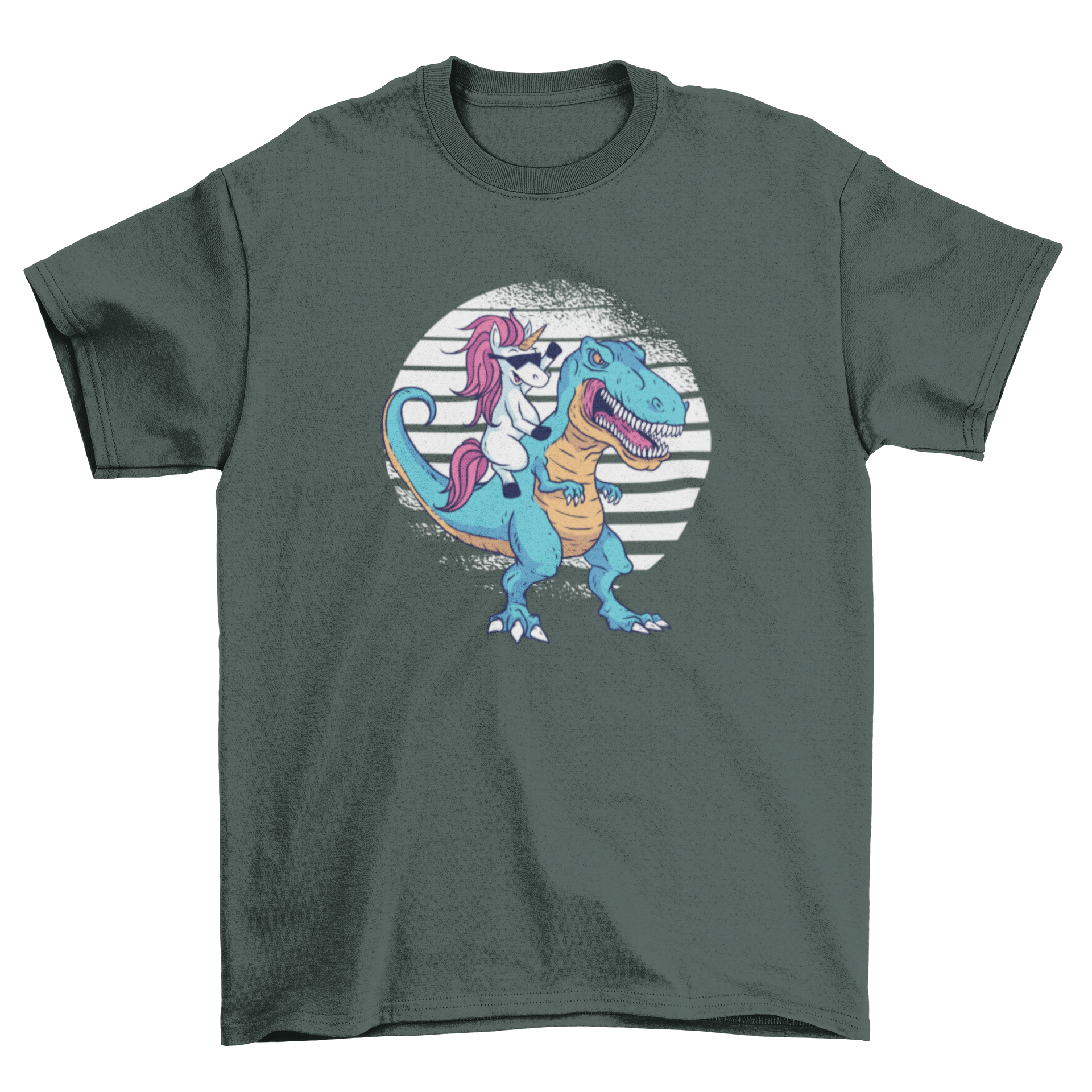 A colorful t-shirt featuring a unicorn riding a T-Rex, showcasing a whimsical design.