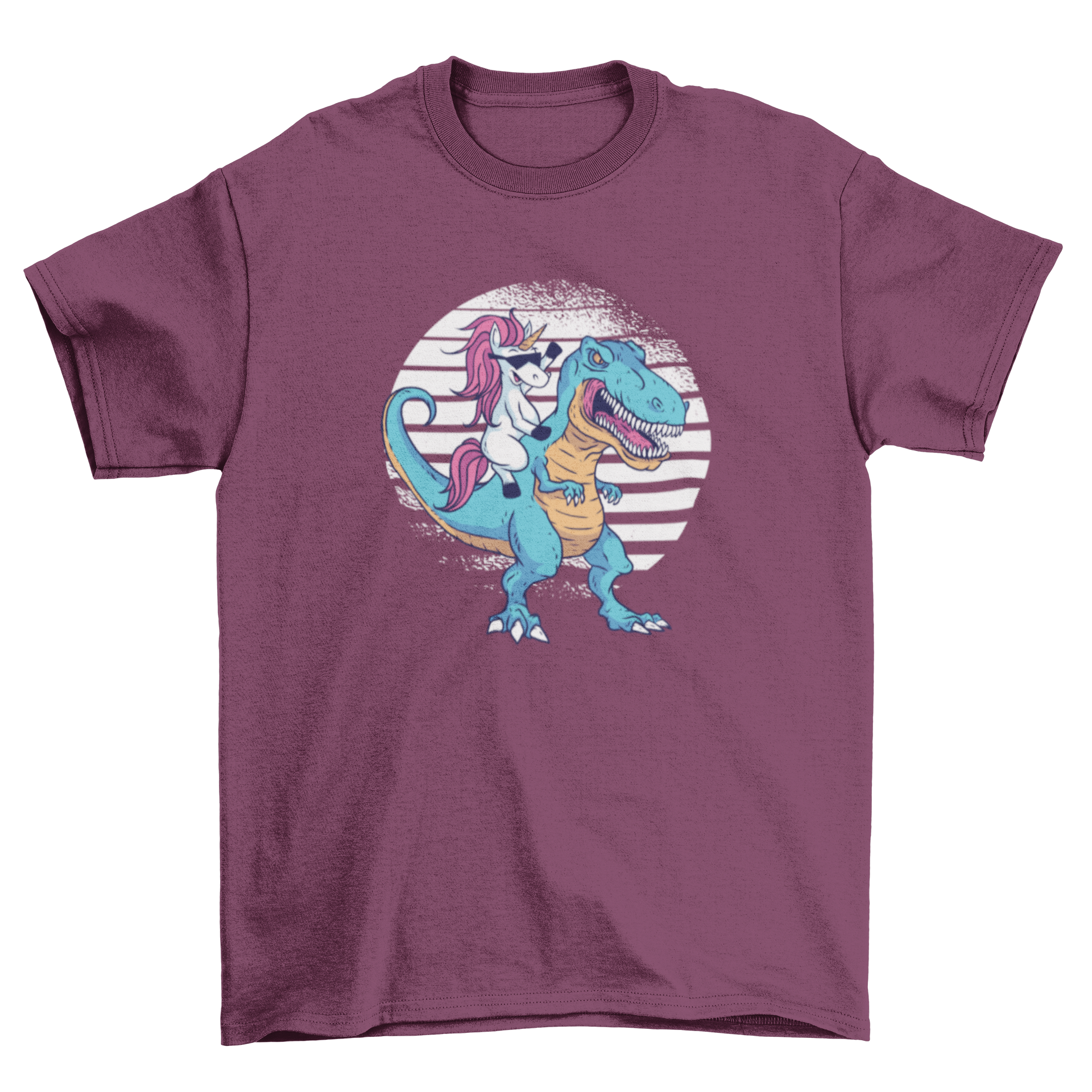 A colorful t-shirt featuring a unicorn riding a T-Rex, showcasing a whimsical design.