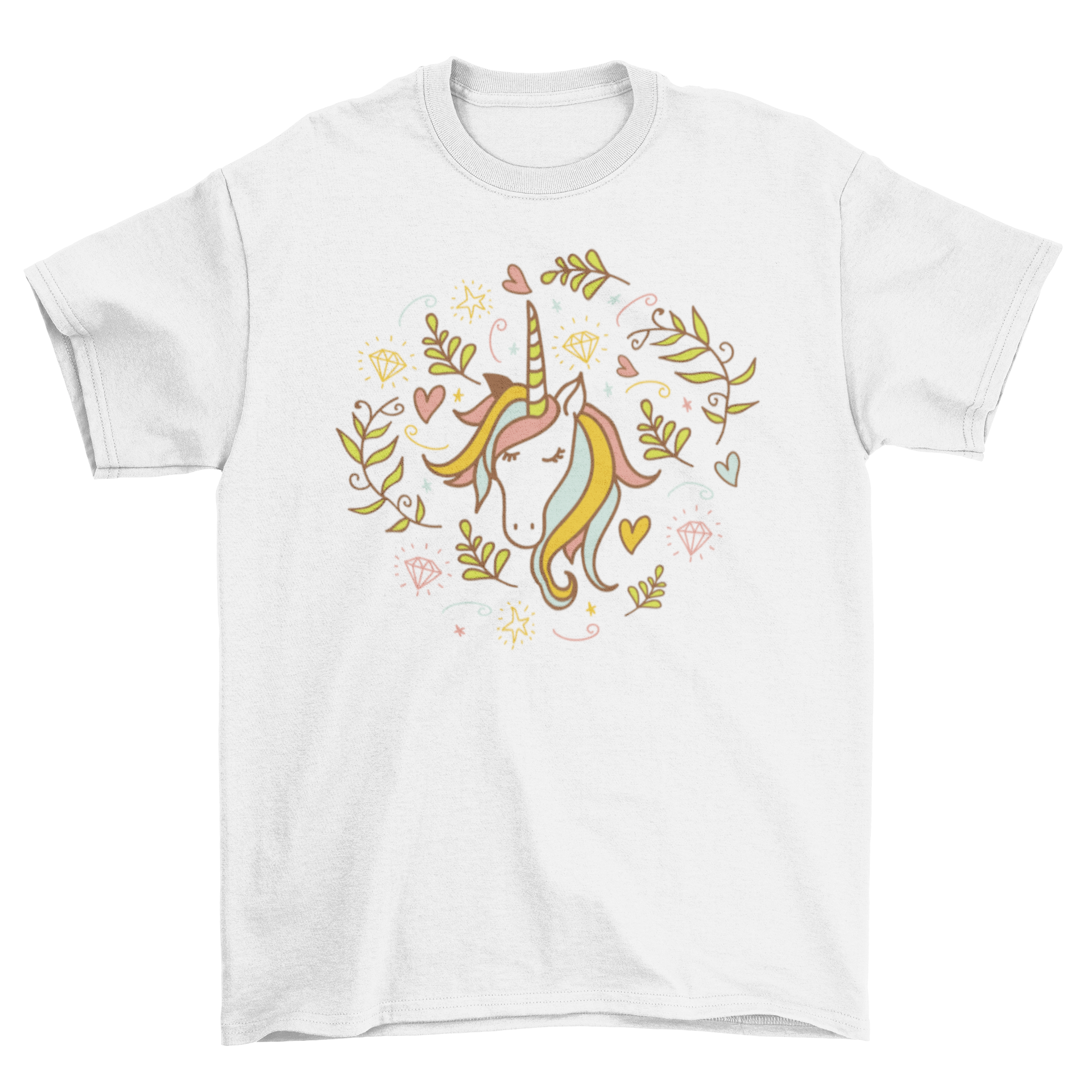 A colorful Unicorn T-shirt featuring an illustrated unicorn surrounded by hearts and diamonds.