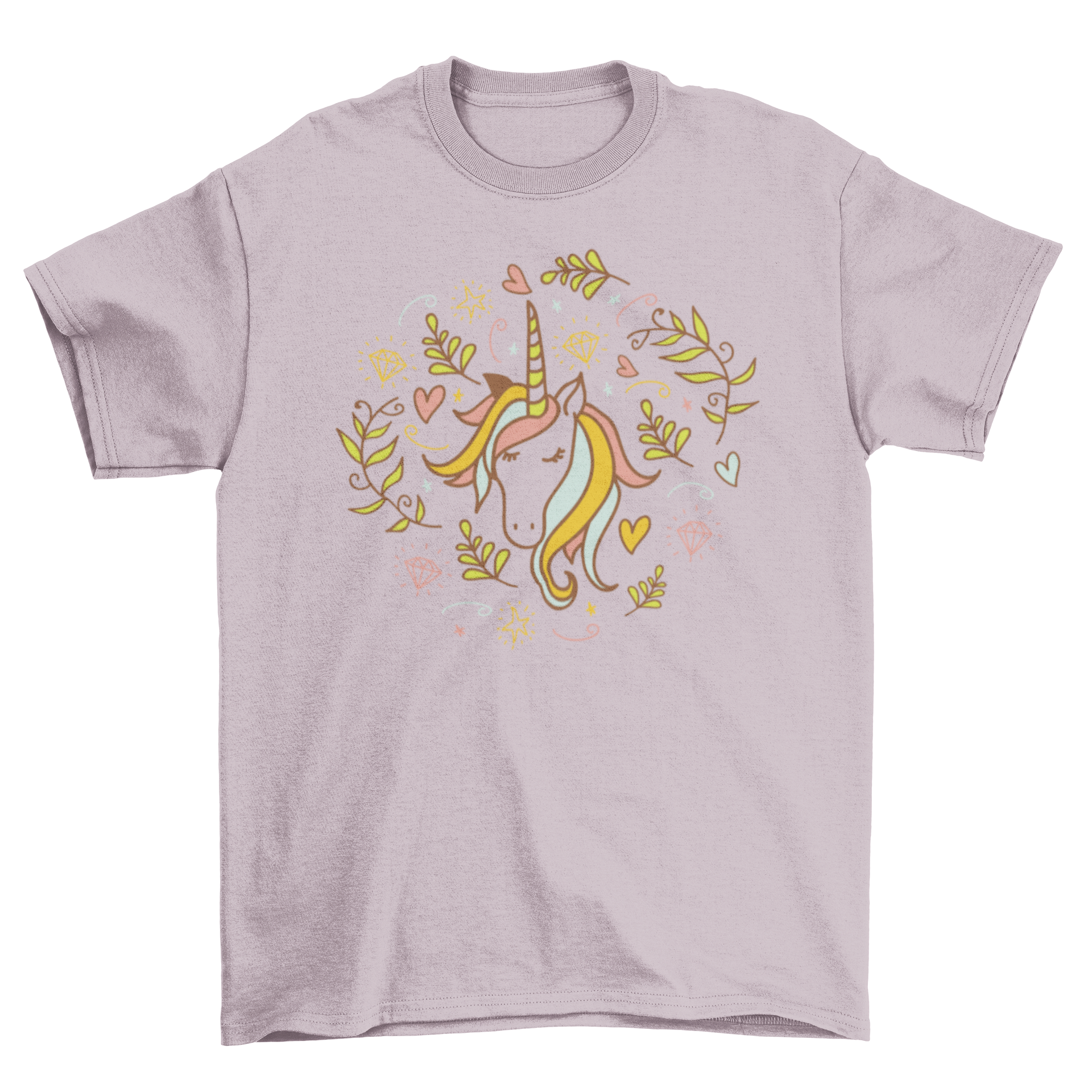 A colorful Unicorn T-shirt featuring an illustrated unicorn surrounded by hearts and diamonds.