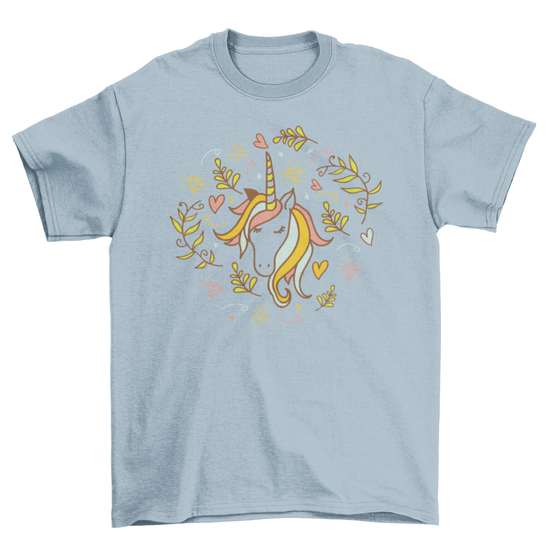 A colorful Unicorn T-shirt featuring an illustrated unicorn surrounded by hearts and diamonds.