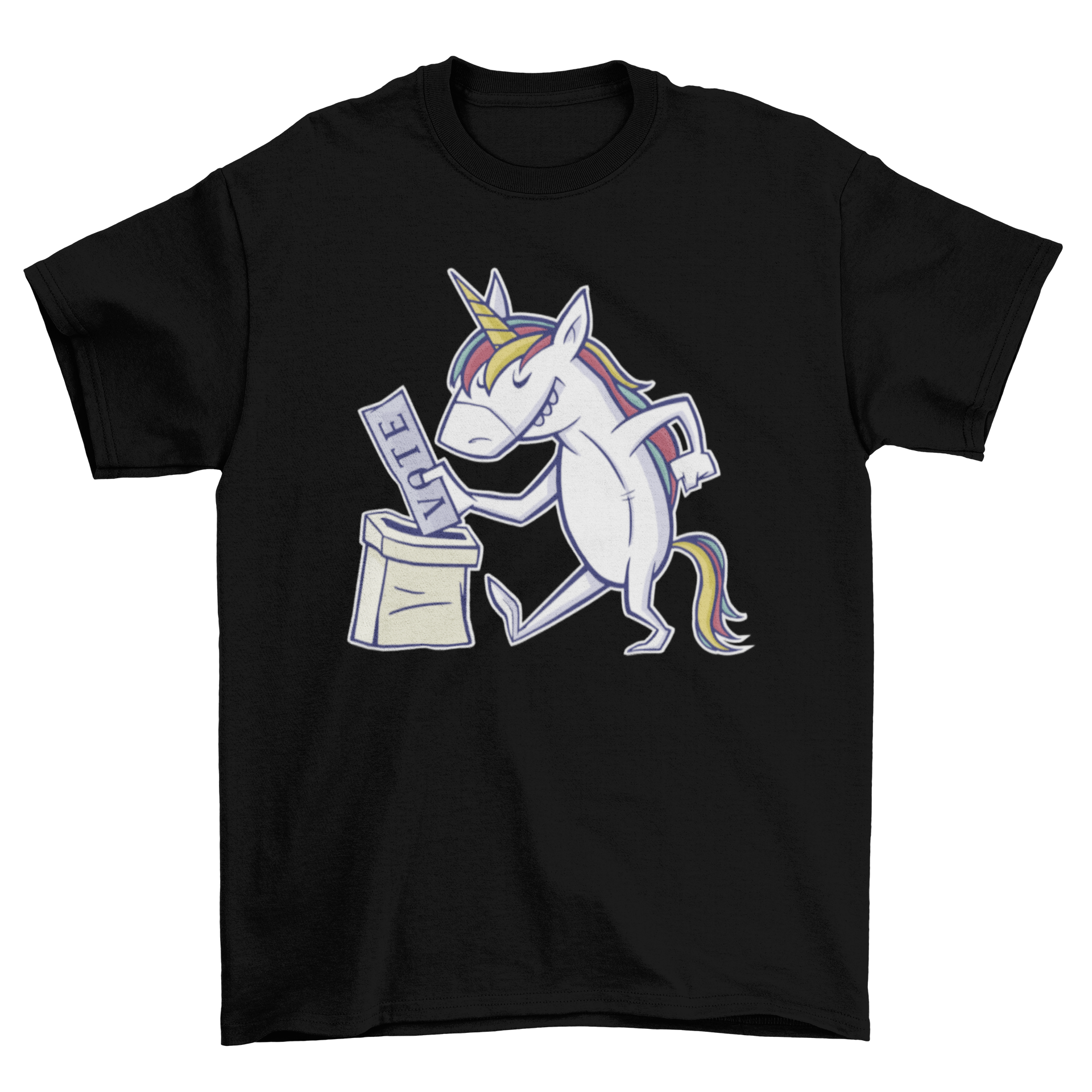 A colorful t-shirt featuring a whimsical unicorn design, depicting the unicorn placing a vote paper into an urn.