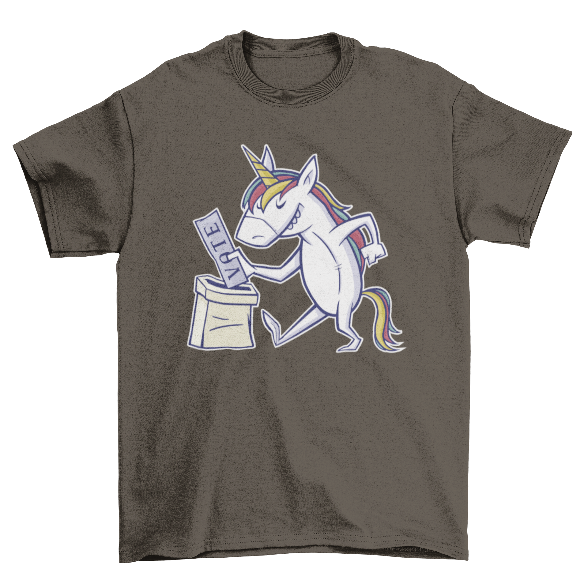 A colorful t-shirt featuring a whimsical unicorn design, depicting the unicorn placing a vote paper into an urn.