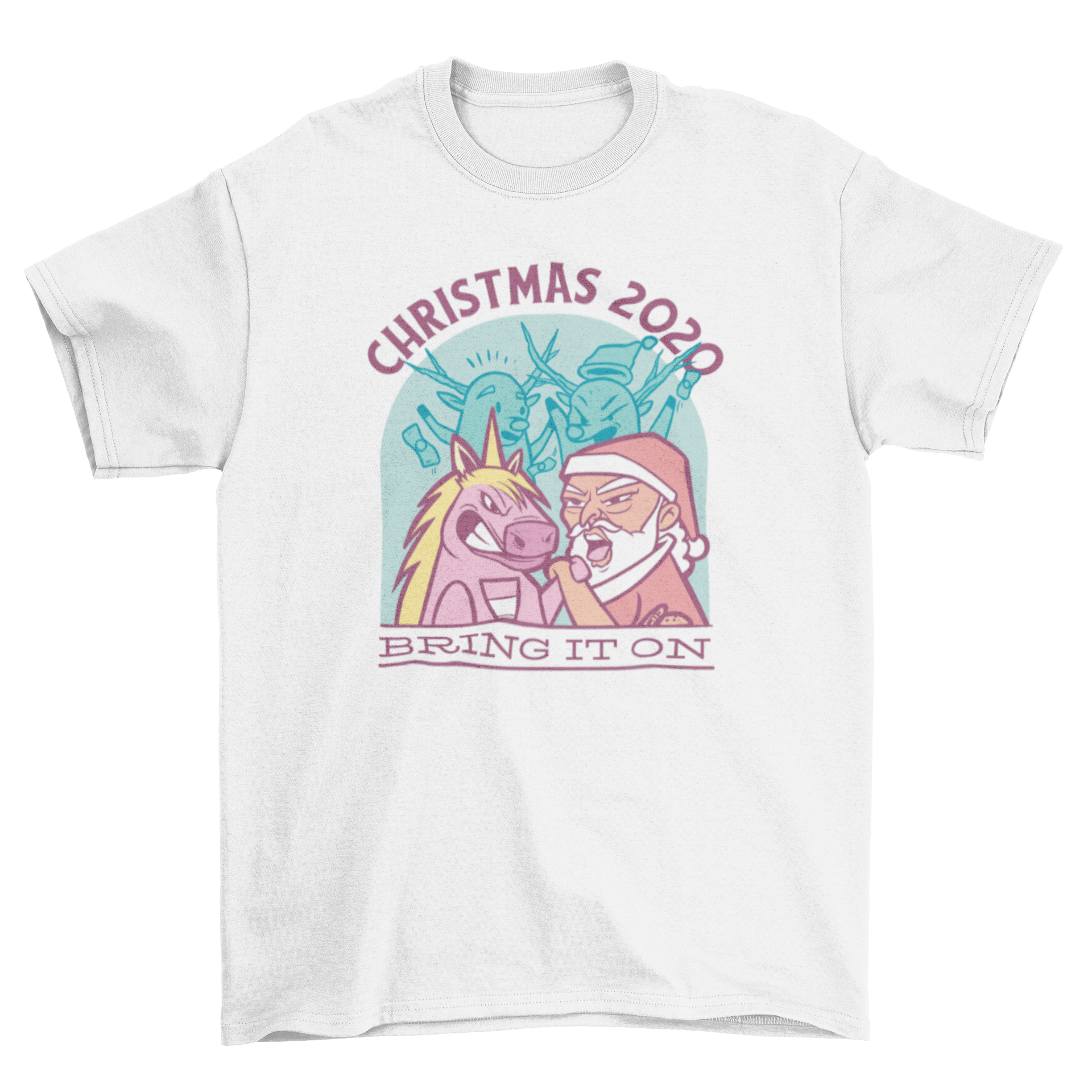 A humorous t-shirt featuring Santa Claus arm wrestling a unicorn with the quote 'Christmas 2020 bring it on'.