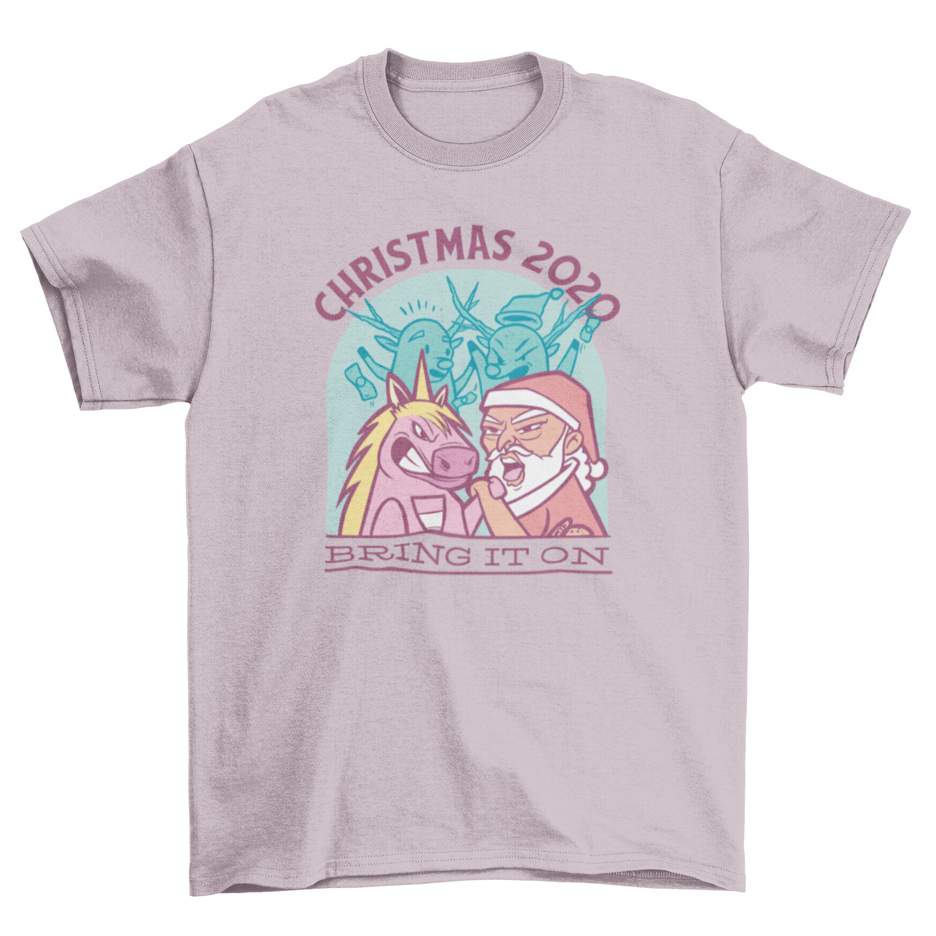 A humorous t-shirt featuring Santa Claus arm wrestling a unicorn with the quote 'Christmas 2020 bring it on'.