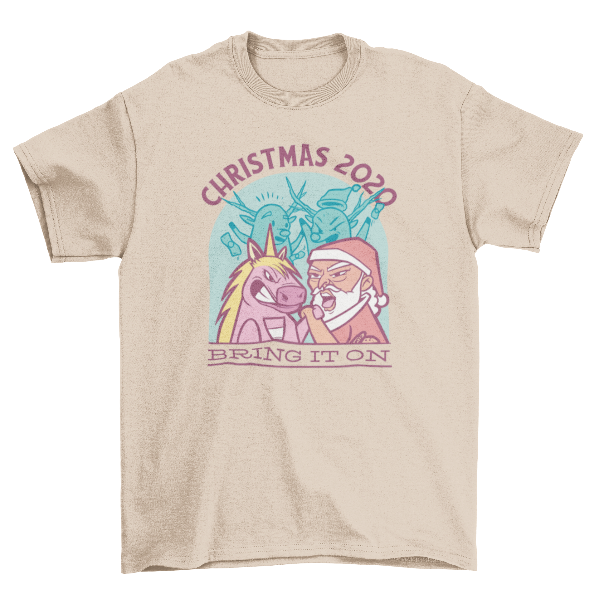 A humorous t-shirt featuring Santa Claus arm wrestling a unicorn with the quote 'Christmas 2020 bring it on'.