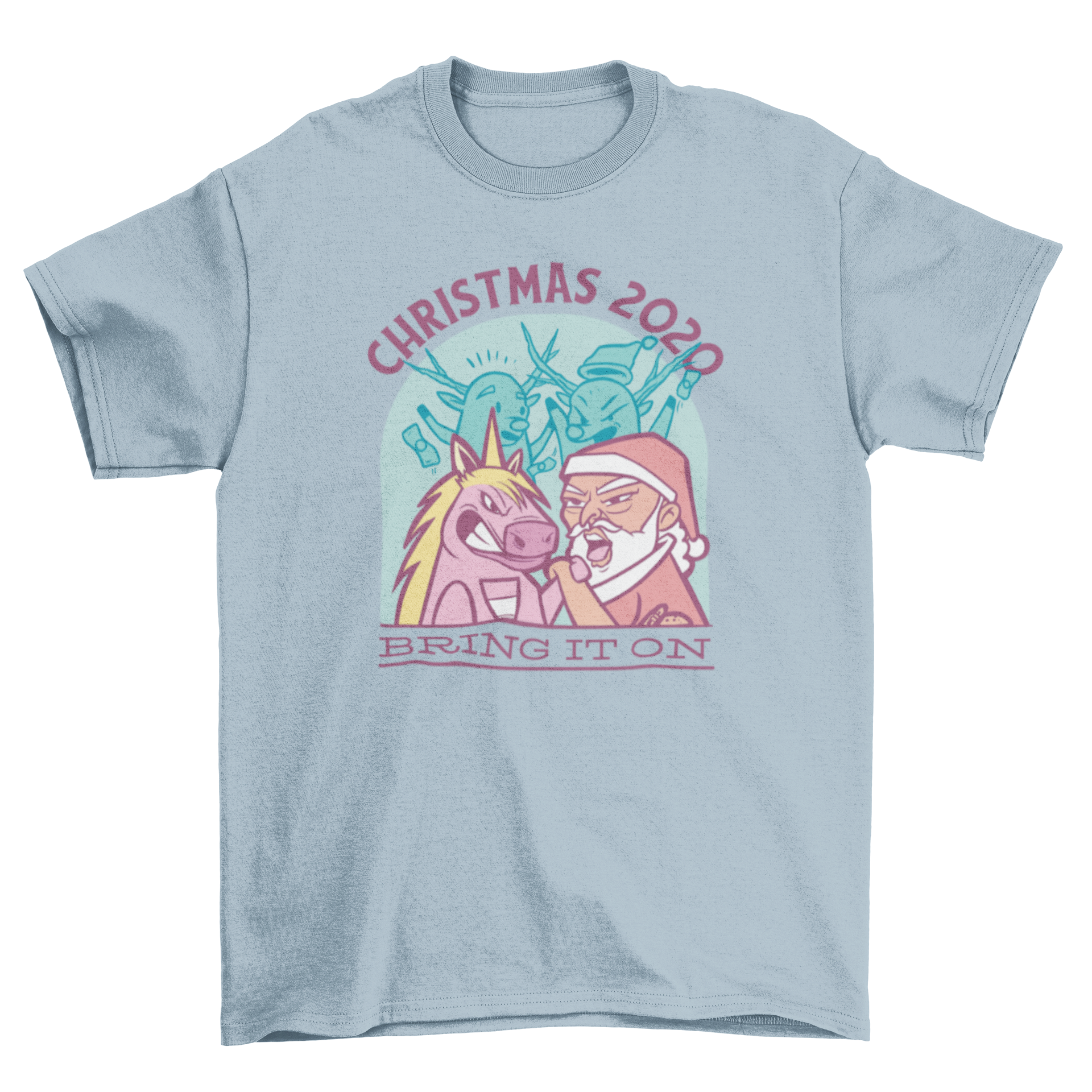 A humorous t-shirt featuring Santa Claus arm wrestling a unicorn with the quote 'Christmas 2020 bring it on'.