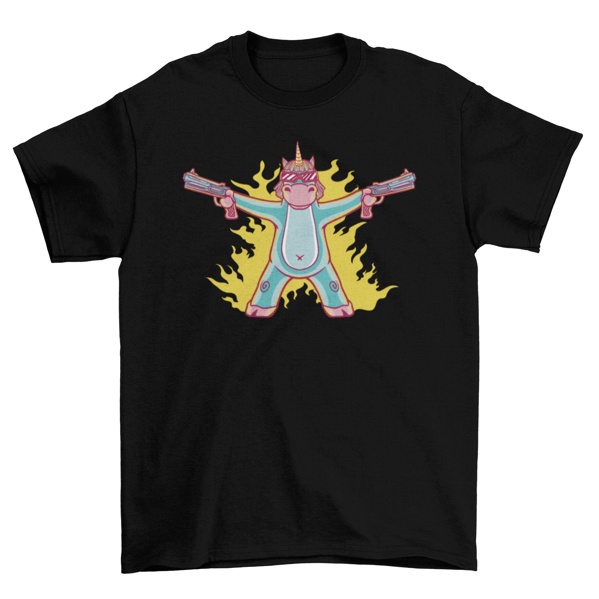 A colorful cartoon t-shirt featuring a unicorn wearing sunglasses and holding two guns, showcasing a fun and edgy design.