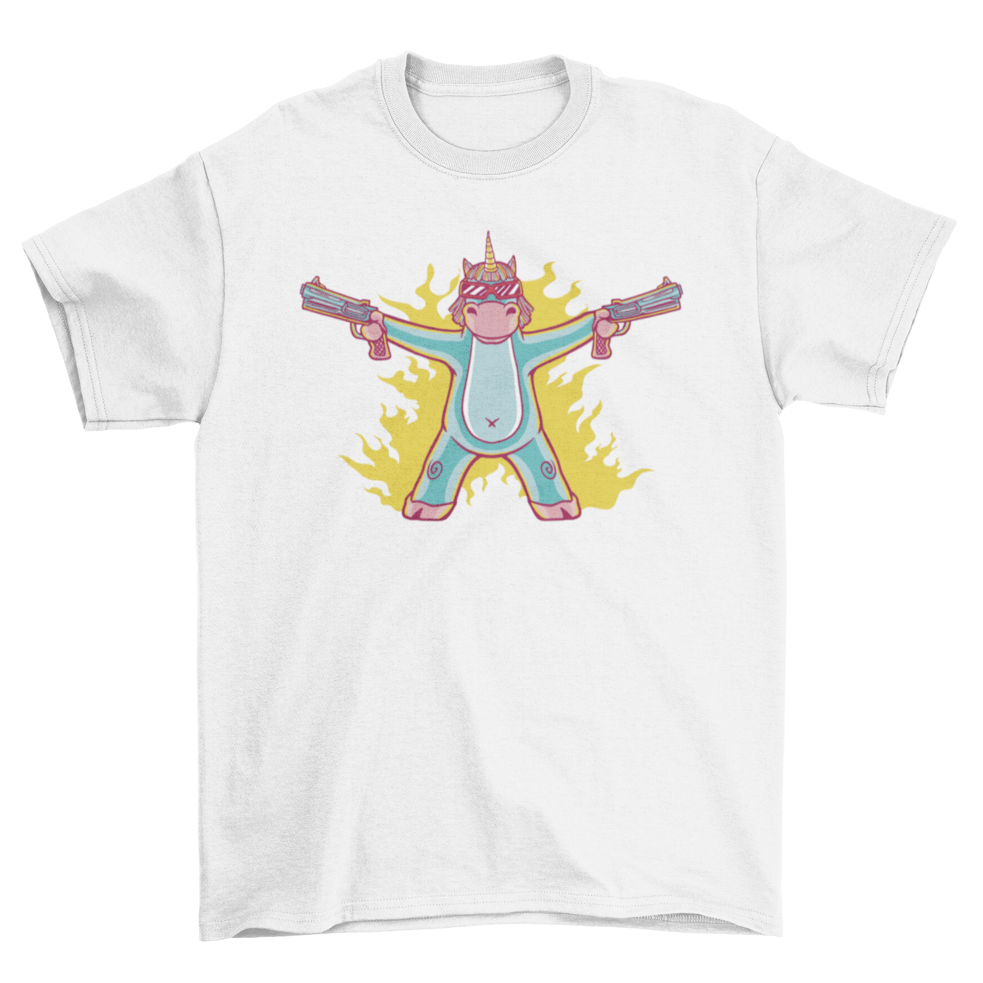 A colorful cartoon t-shirt featuring a unicorn wearing sunglasses and holding two guns, showcasing a fun and edgy design.