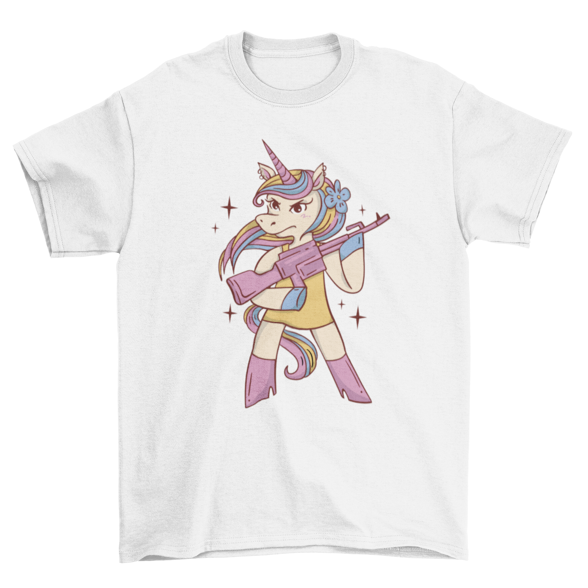 A fun t-shirt featuring an angry unicorn holding a machine gun, showcasing a unique and edgy design.