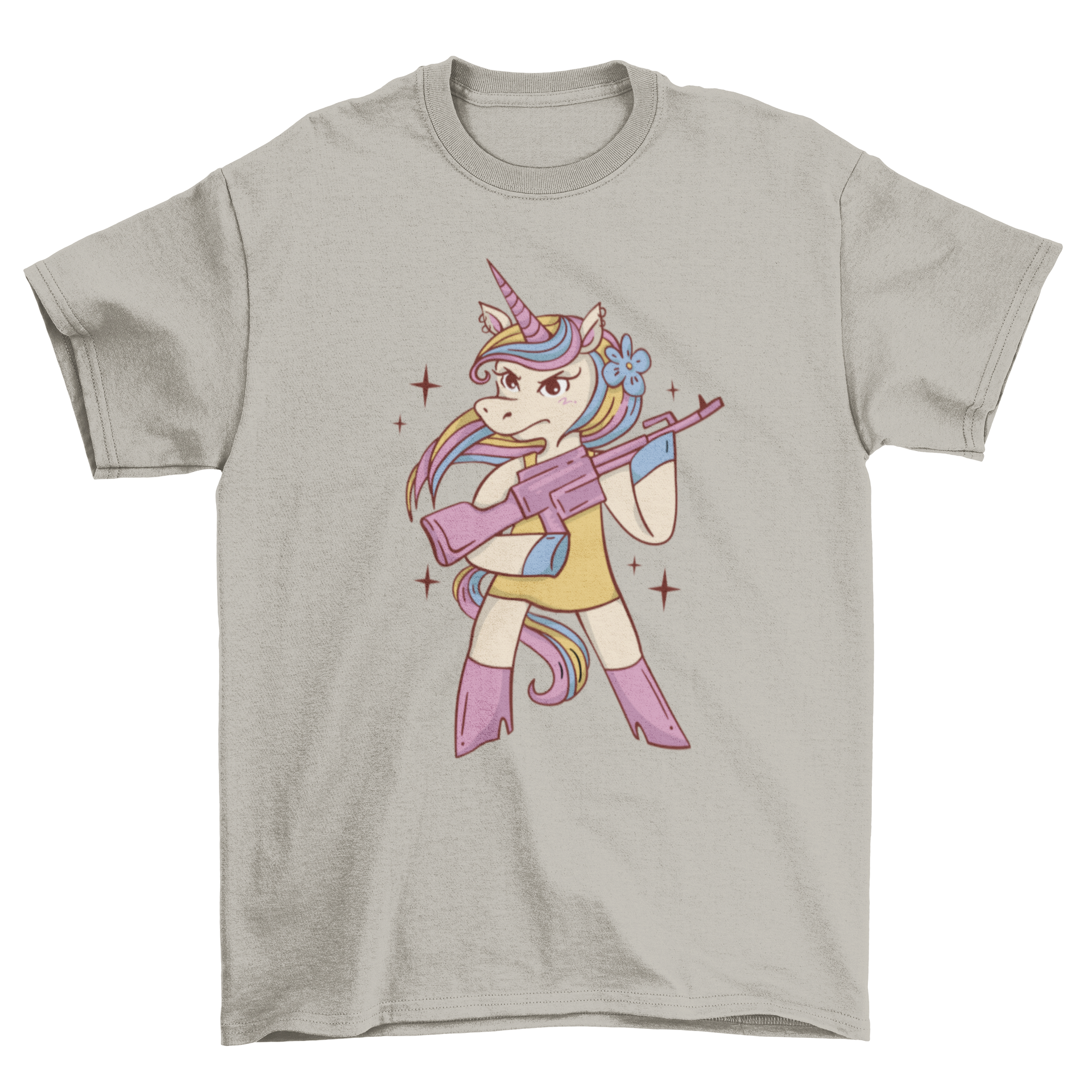 A fun t-shirt featuring an angry unicorn holding a machine gun, showcasing a unique and edgy design.