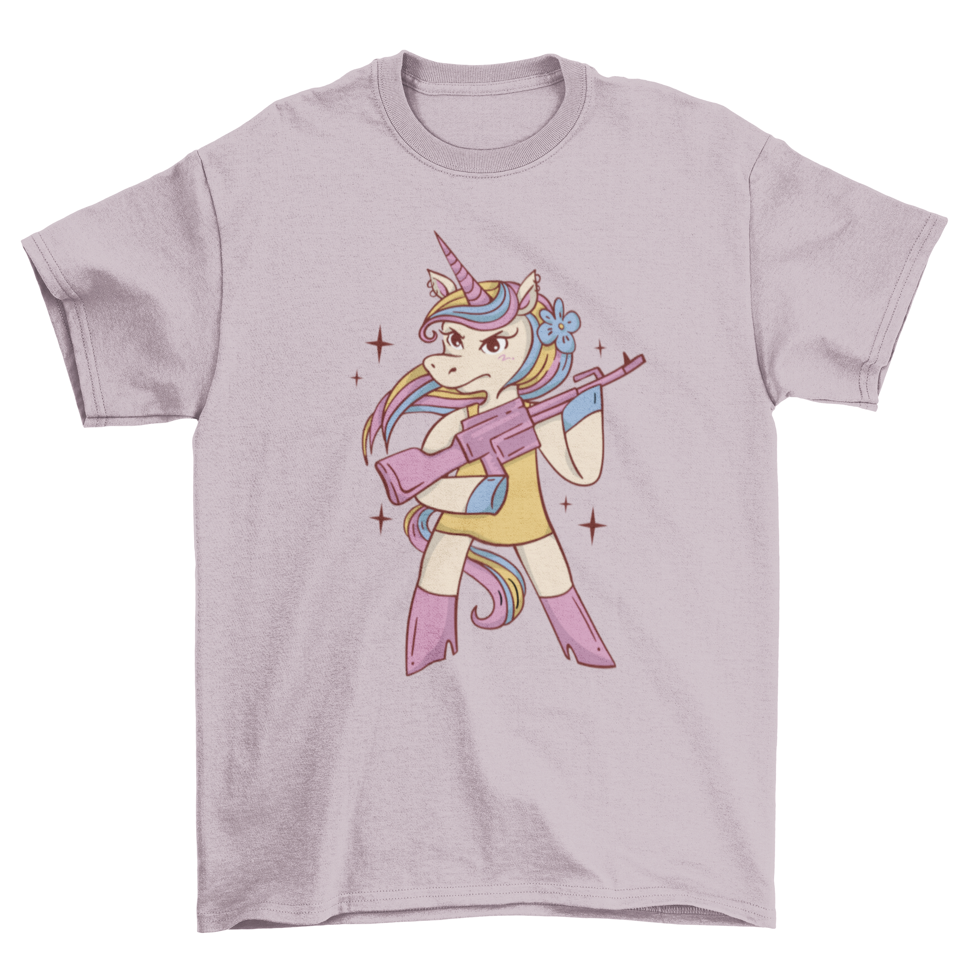 A fun t-shirt featuring an angry unicorn holding a machine gun, showcasing a unique and edgy design.