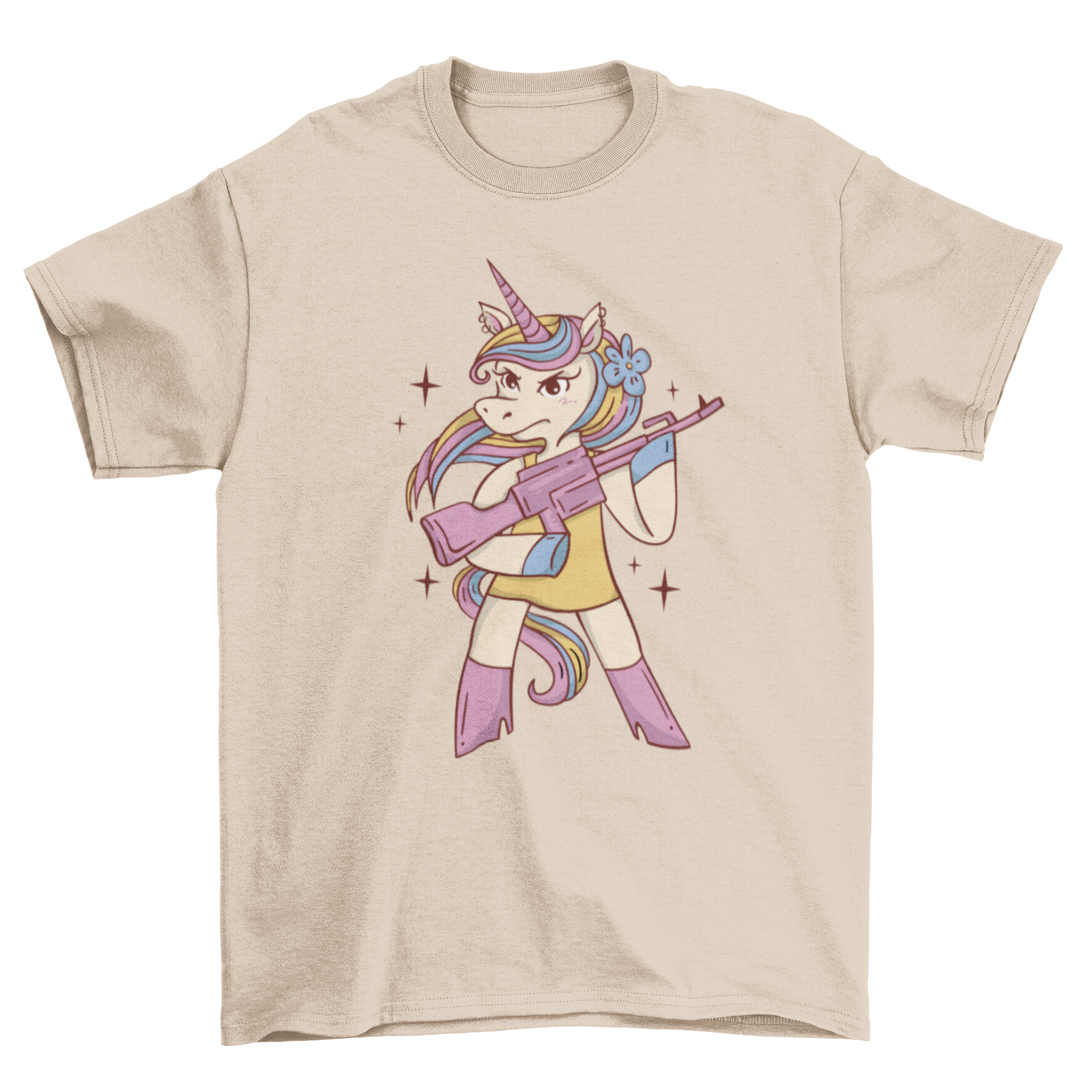 A fun t-shirt featuring an angry unicorn holding a machine gun, showcasing a unique and edgy design.