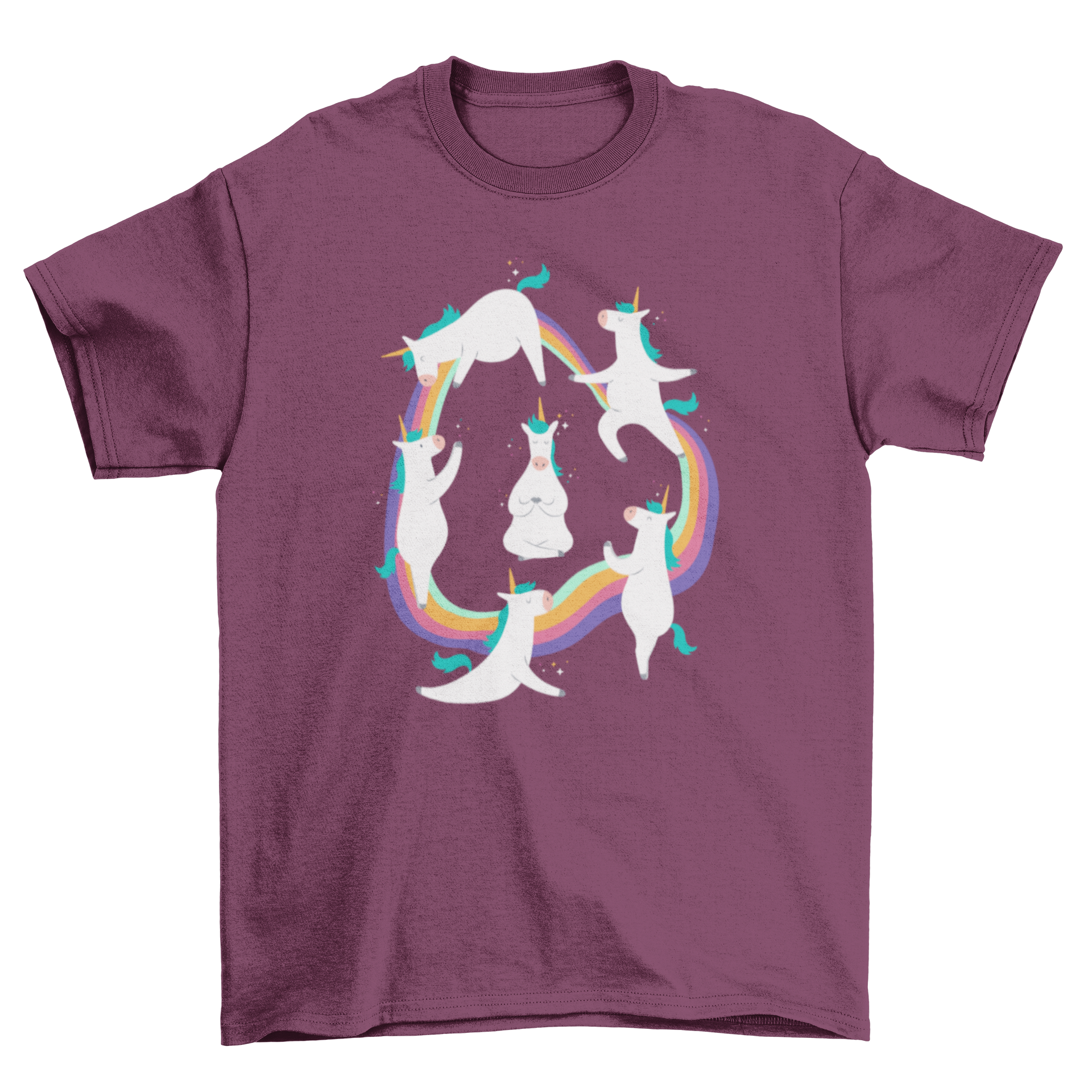 A colorful t-shirt featuring cartoon unicorns in various yoga poses over a rainbow circle, with a meditating unicorn in the center.