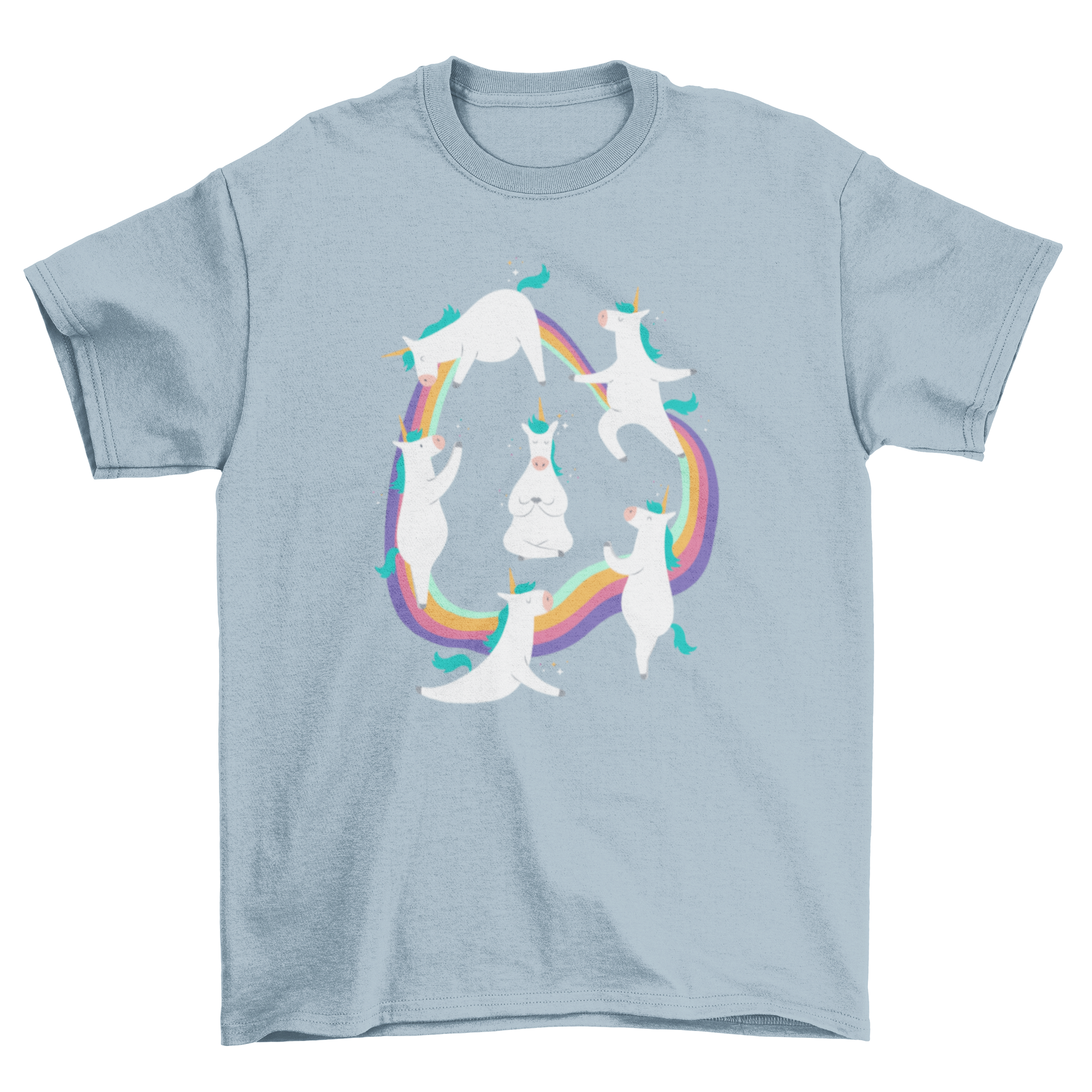 A colorful t-shirt featuring cartoon unicorns in various yoga poses over a rainbow circle, with a meditating unicorn in the center.