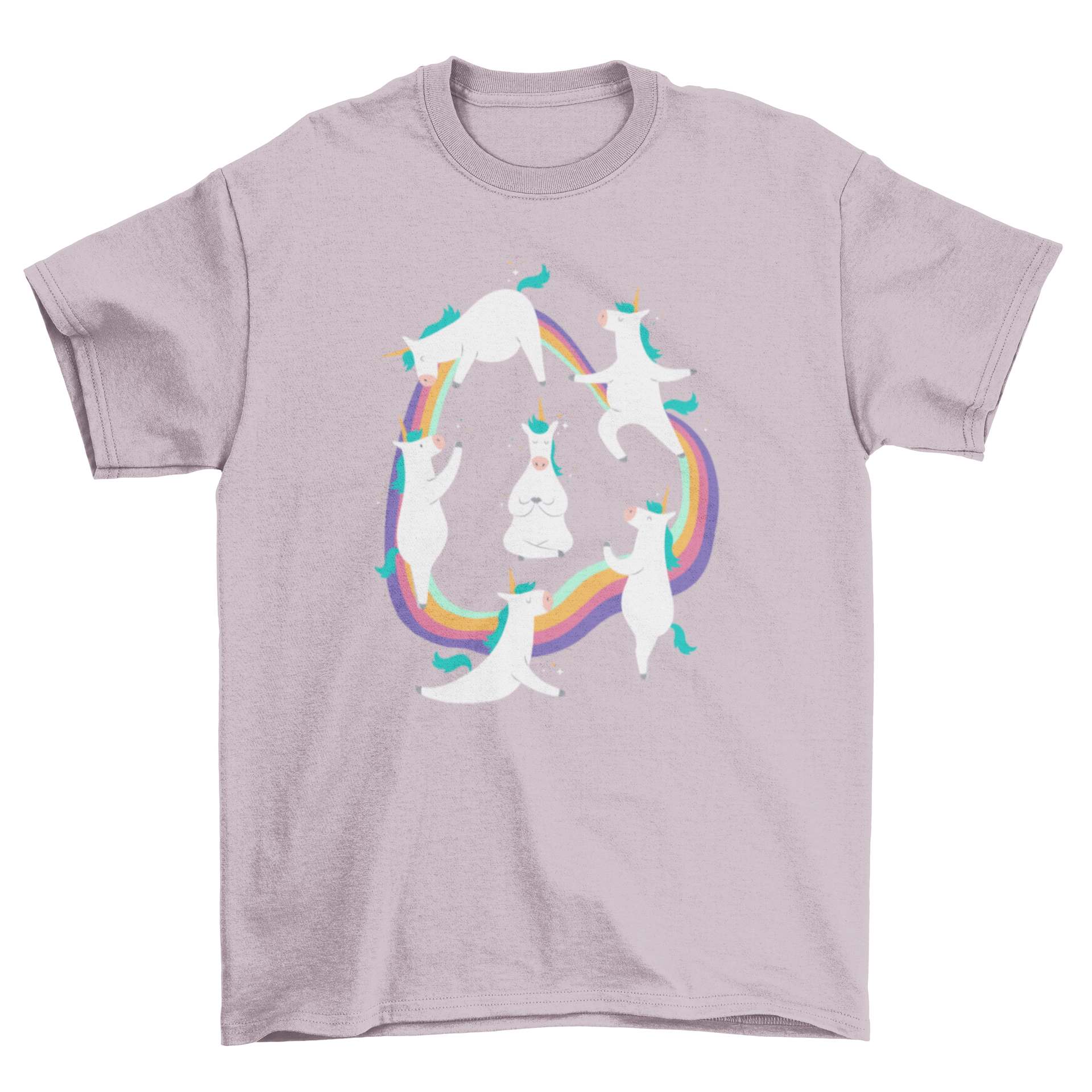 A colorful t-shirt featuring cartoon unicorns in various yoga poses over a rainbow circle, with a meditating unicorn in the center.