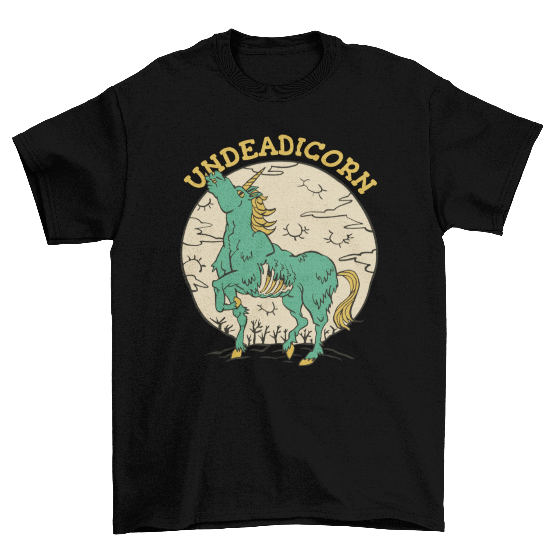 A whimsical t-shirt featuring a unicorn as a zombie with the text 'Undeadicorn', showcasing a colorful and playful design.