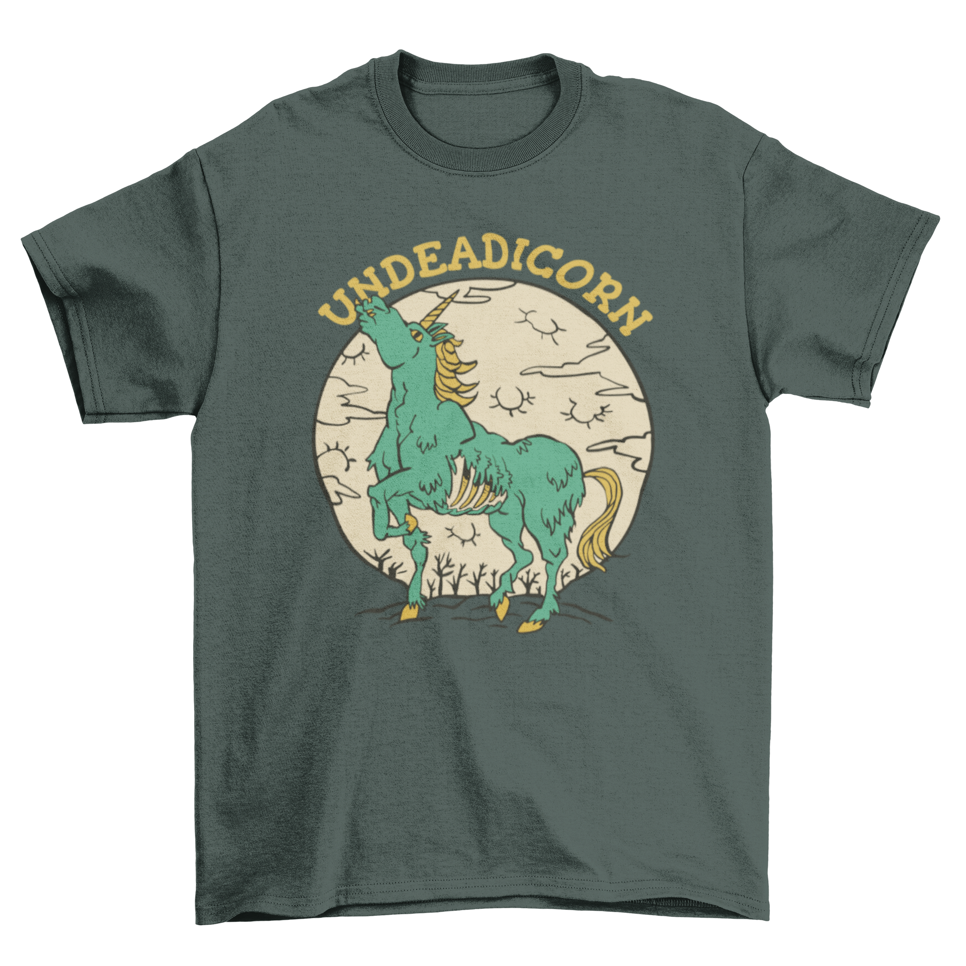 A whimsical t-shirt featuring a unicorn as a zombie with the text 'Undeadicorn', showcasing a colorful and playful design.