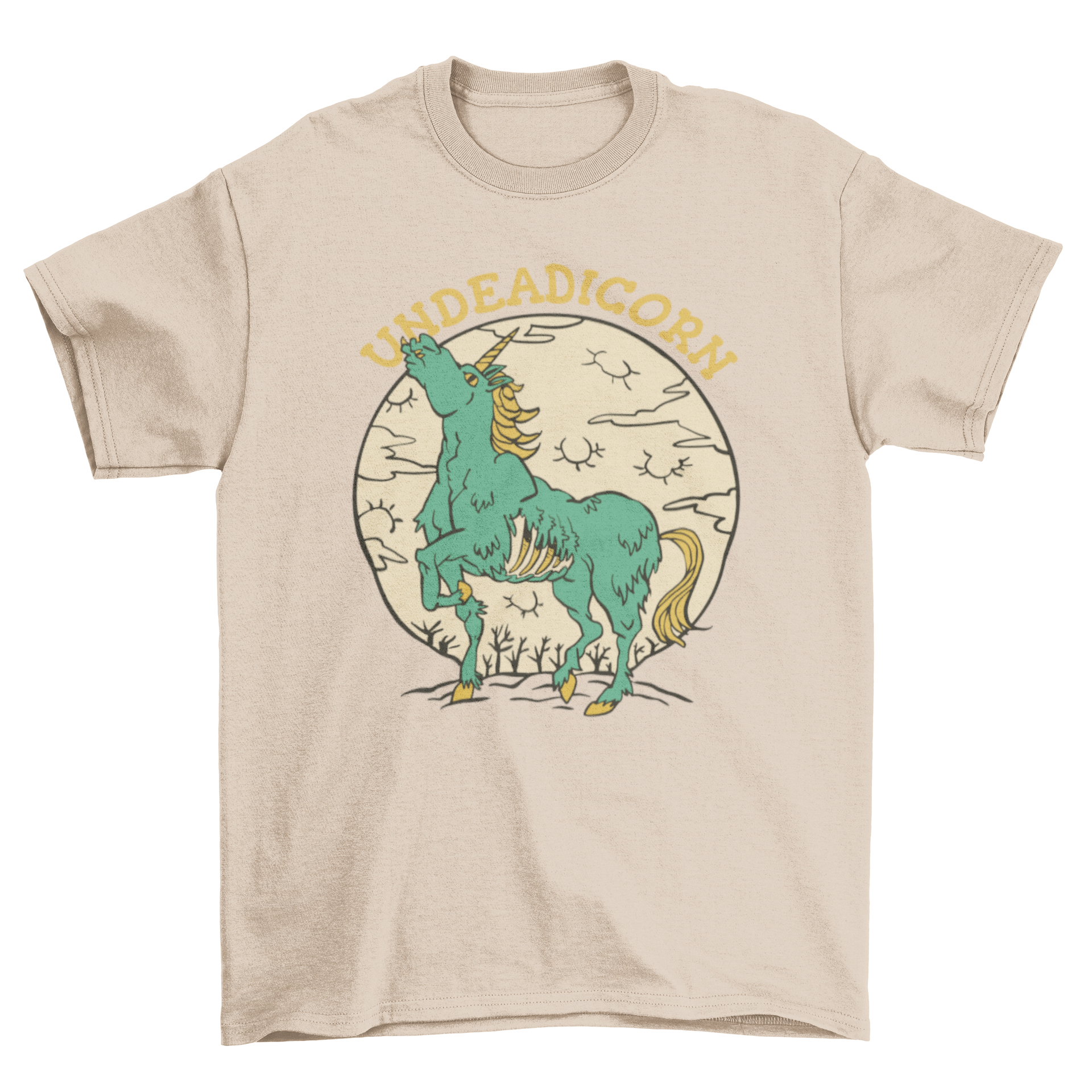 A whimsical t-shirt featuring a unicorn as a zombie with the text 'Undeadicorn', showcasing a colorful and playful design.